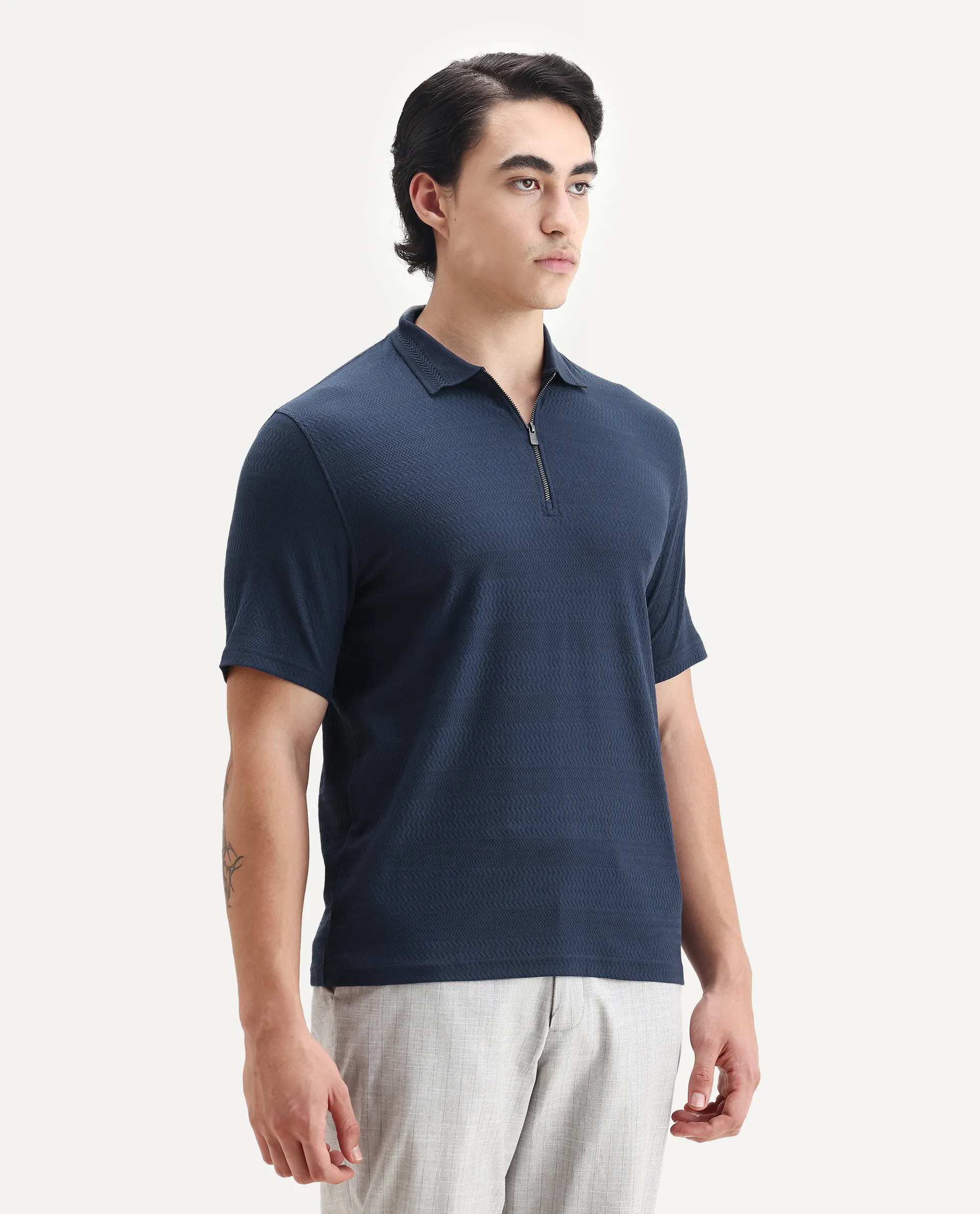 Rare Rabbit Men's Clion Dark Blue Cotton Blend Jacquard Regular Fit Half Sleeve Polo - Image 5