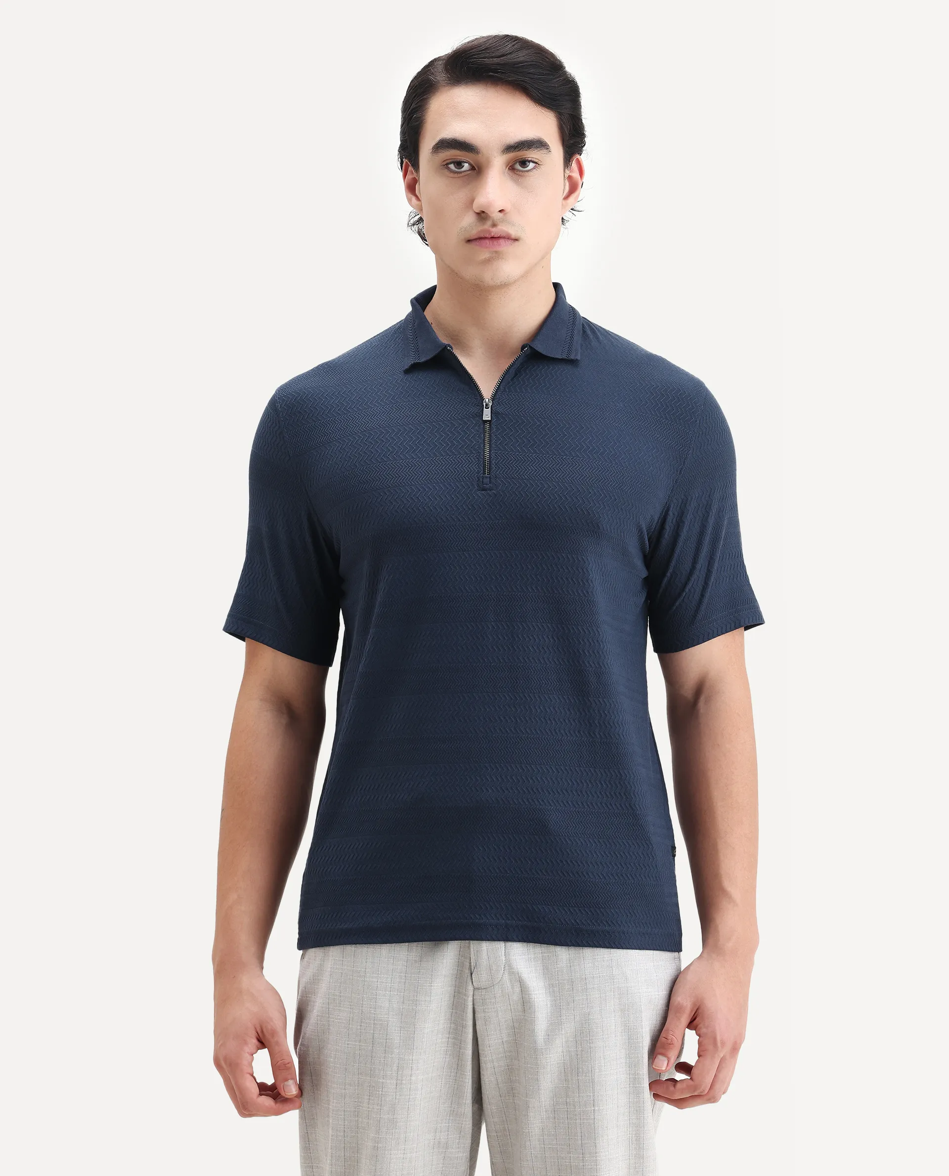 Rare Rabbit Men's Clion Dark Blue Cotton Blend Jacquard Regular Fit Half Sleeve Polo - Image 6