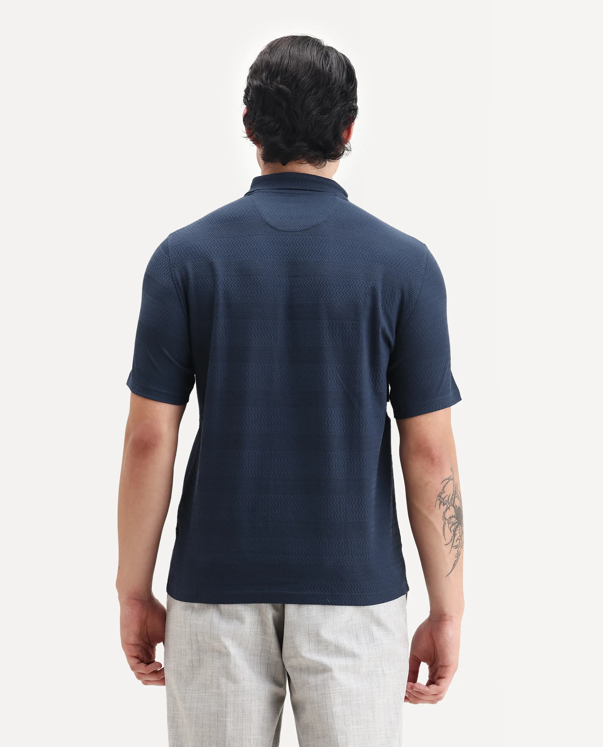 Rare Rabbit Men's Clion Dark Blue Cotton Blend Jacquard Regular Fit Half Sleeve Polo - Image 7