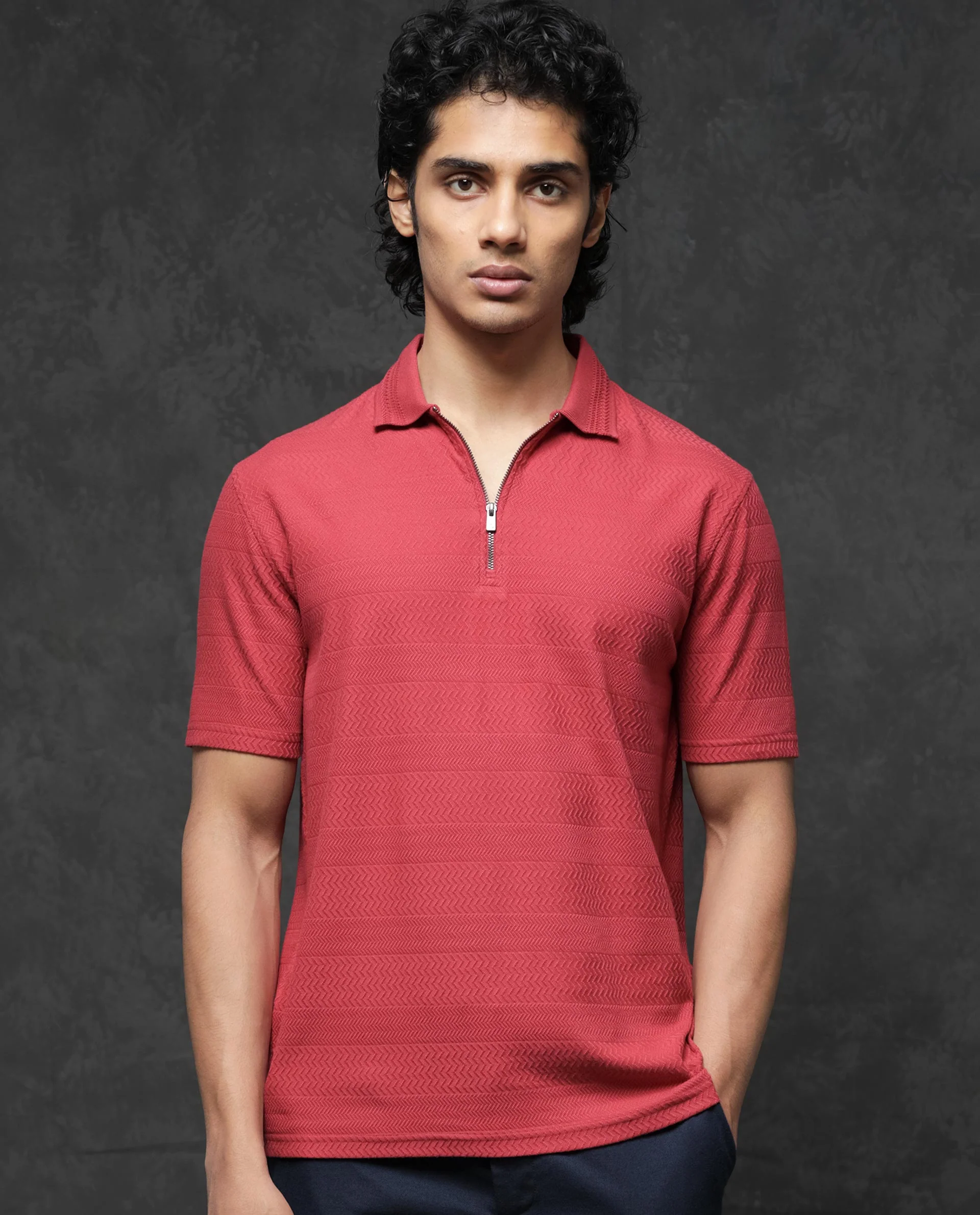 Rare Rabbit Men's Clion Red Cotton Blend Jacquard Regular Fit Half Sleeve Polo - Image 2