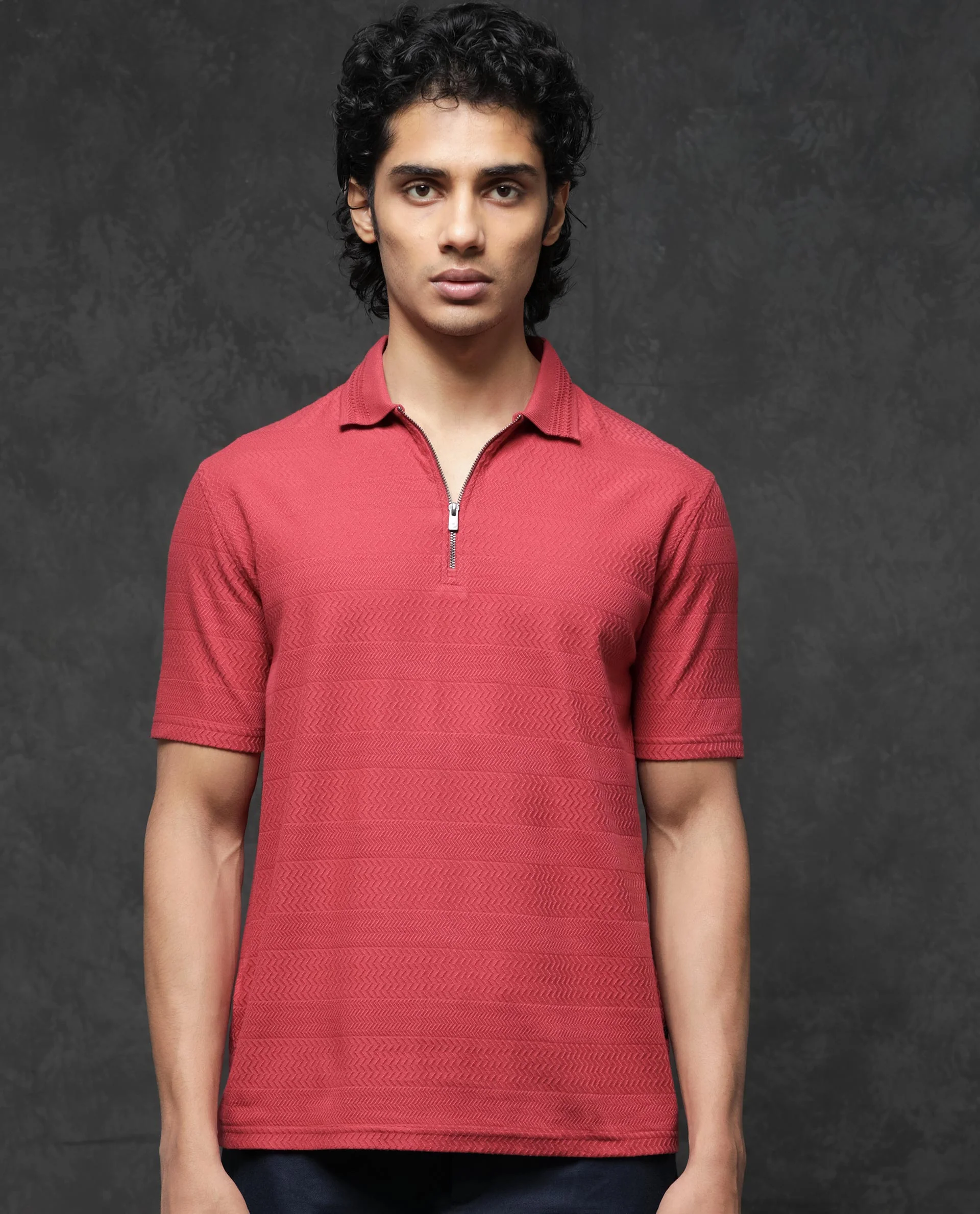 Rare Rabbit Men's Clion Red Cotton Blend Jacquard Regular Fit Half Sleeve Polo - Image 3