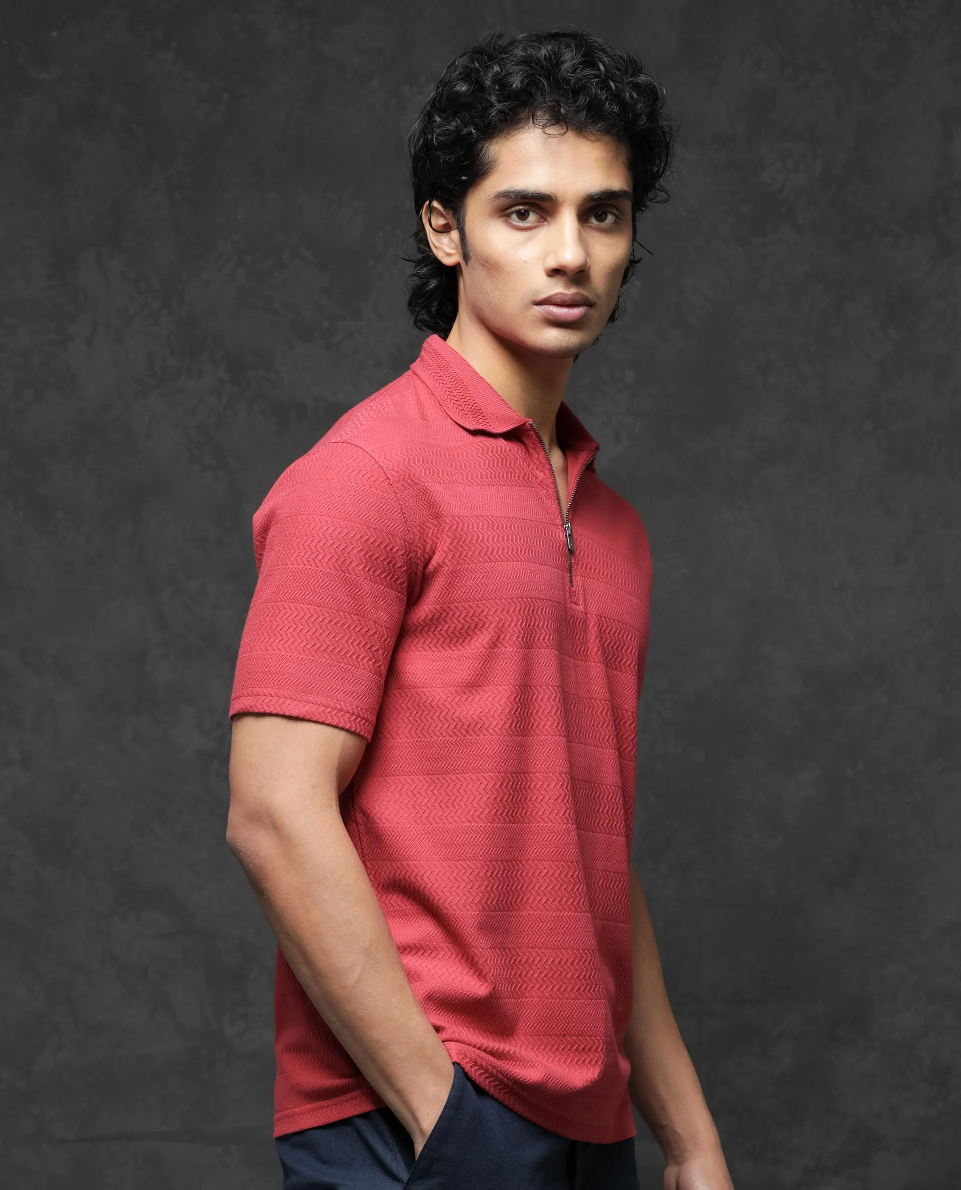 Rare Rabbit Men's Clion Red Cotton Blend Jacquard Regular Fit Half Sleeve Polo - Image 4
