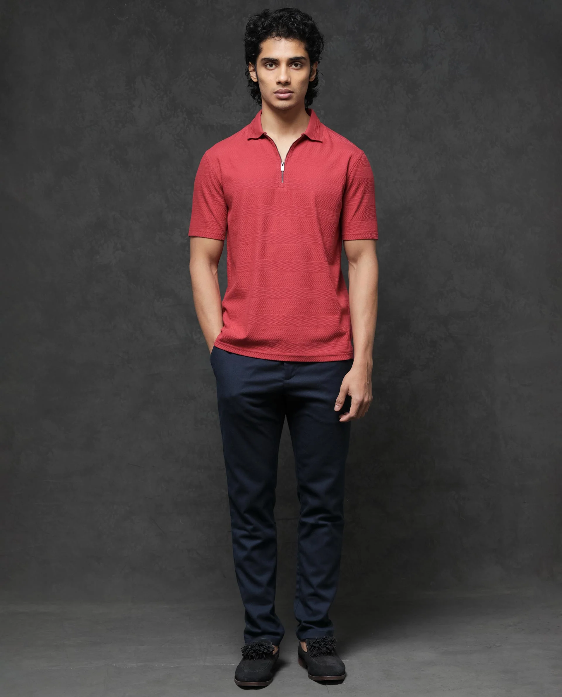 Rare Rabbit Men's Clion Red Cotton Blend Jacquard Regular Fit Half Sleeve Polo - Image 6