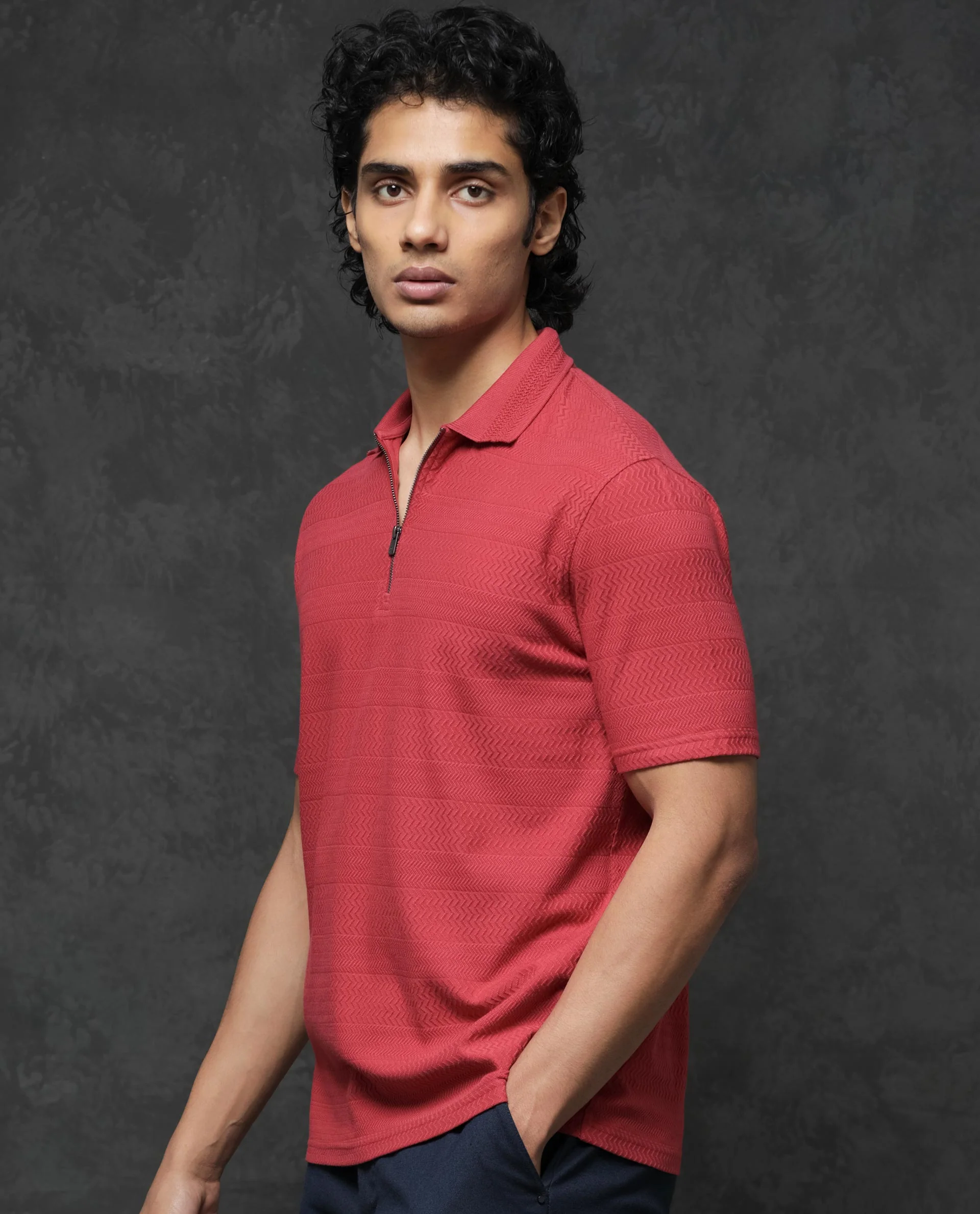 Rare Rabbit Men's Clion Red Cotton Blend Jacquard Regular Fit Half Sleeve Polo - Image 7