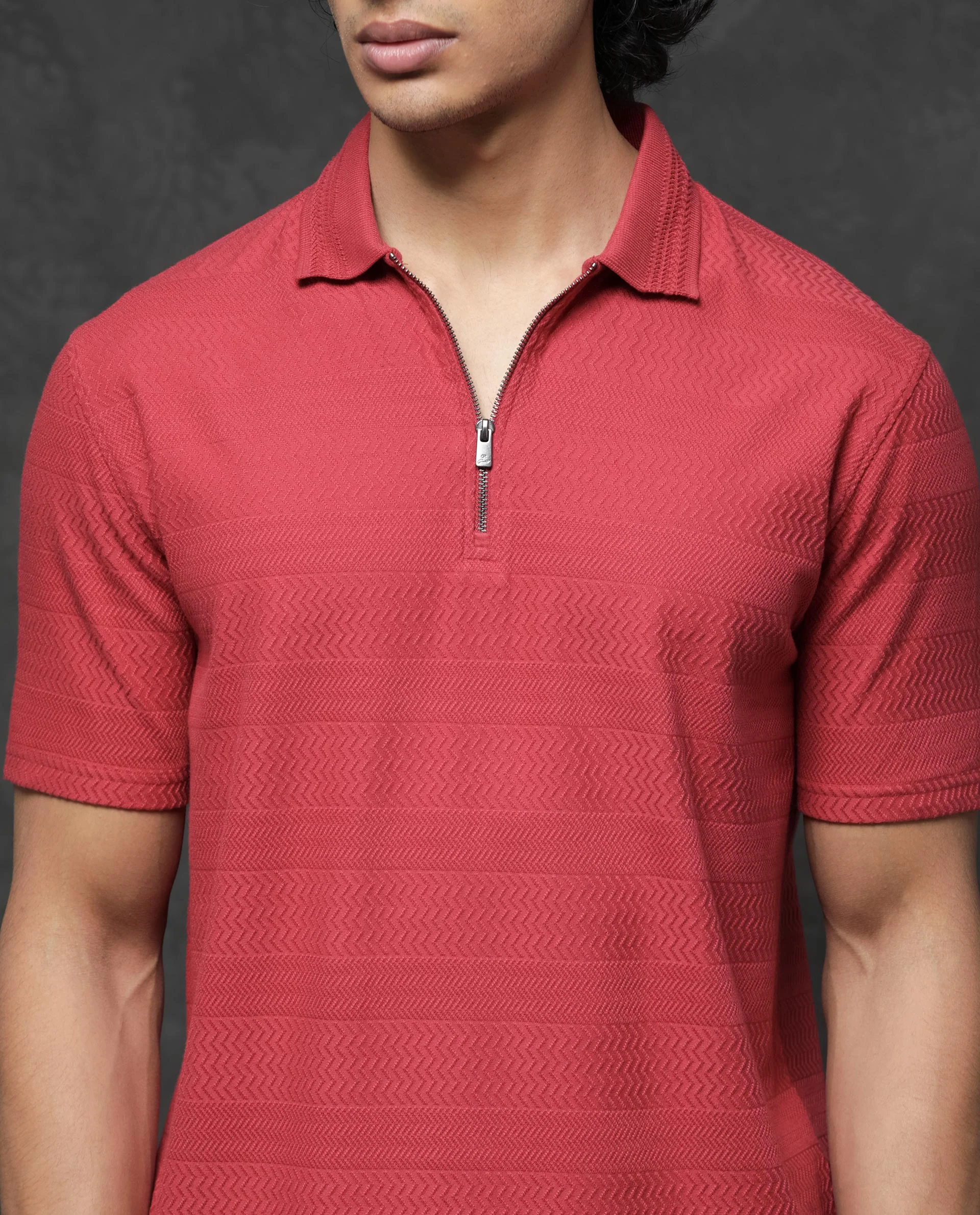 Rare Rabbit Men's Clion Red Cotton Blend Jacquard Regular Fit Half Sleeve Polo - Image 8