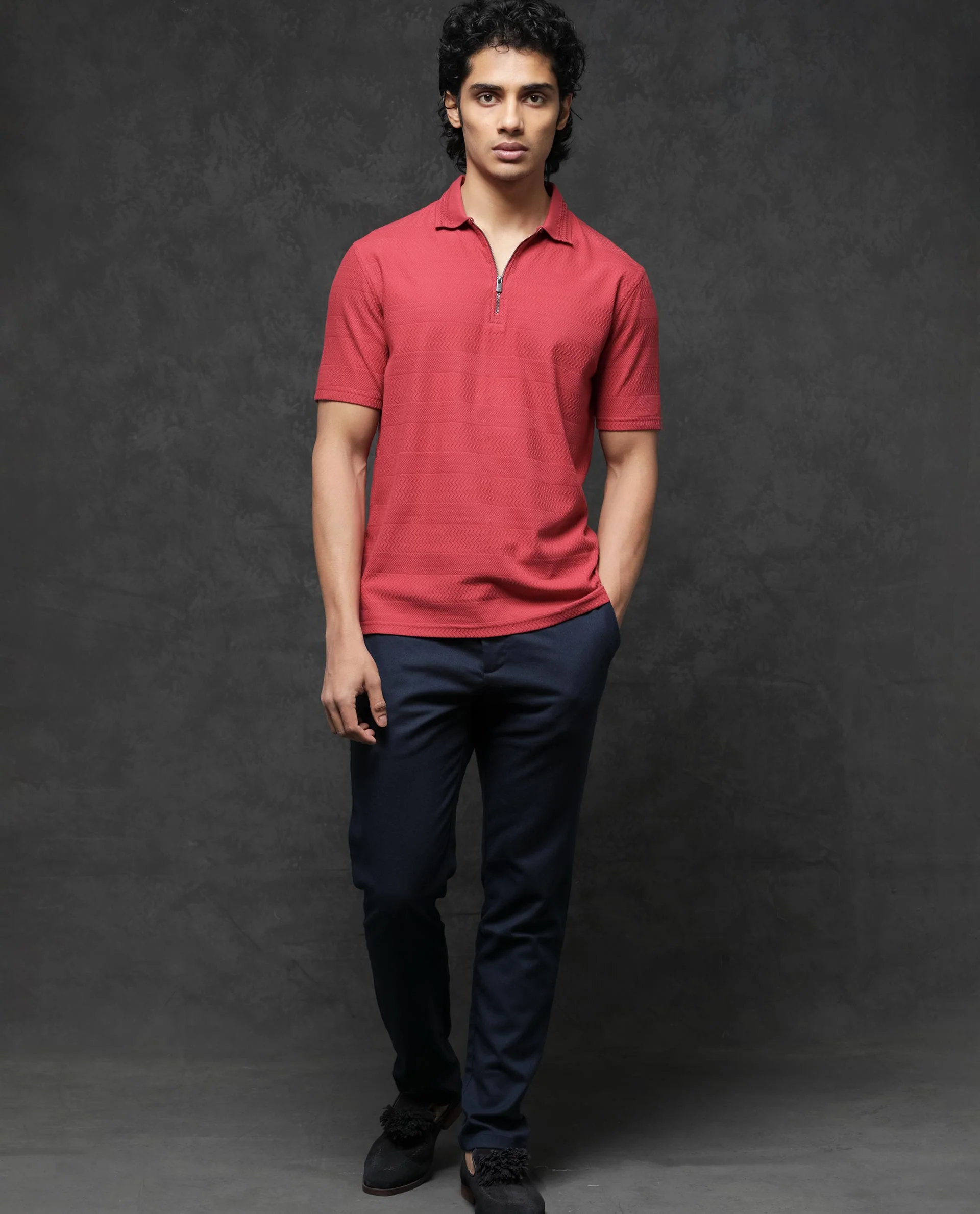 Rare Rabbit Men's Clion Red Cotton Blend Jacquard Regular Fit Half Sleeve Polo - Image 9