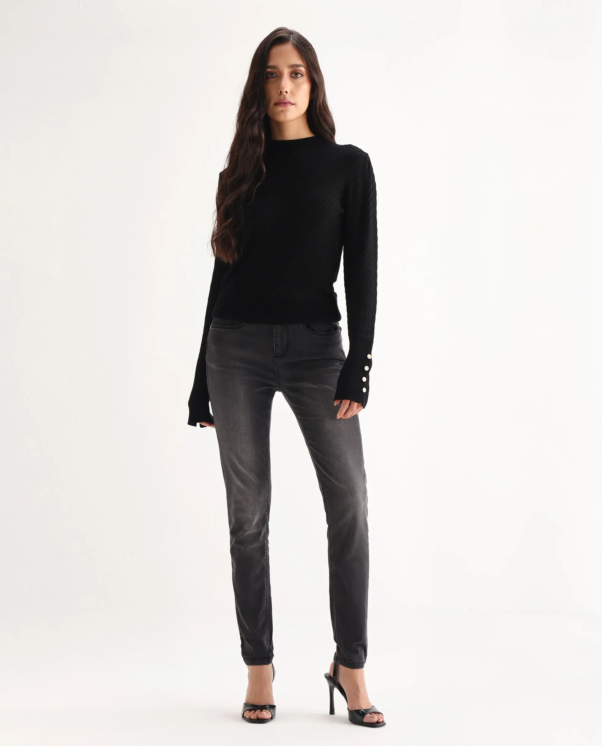 Rareism Women's Clipper Grey Cotton Blend Plain Ankle Length Slim Fit Jeans - Image 5