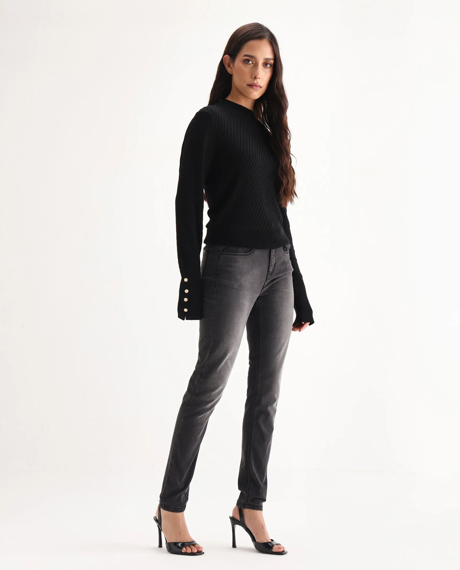 Rareism Women's Clipper Grey Cotton Blend Plain Ankle Length Slim Fit Jeans - Image 7