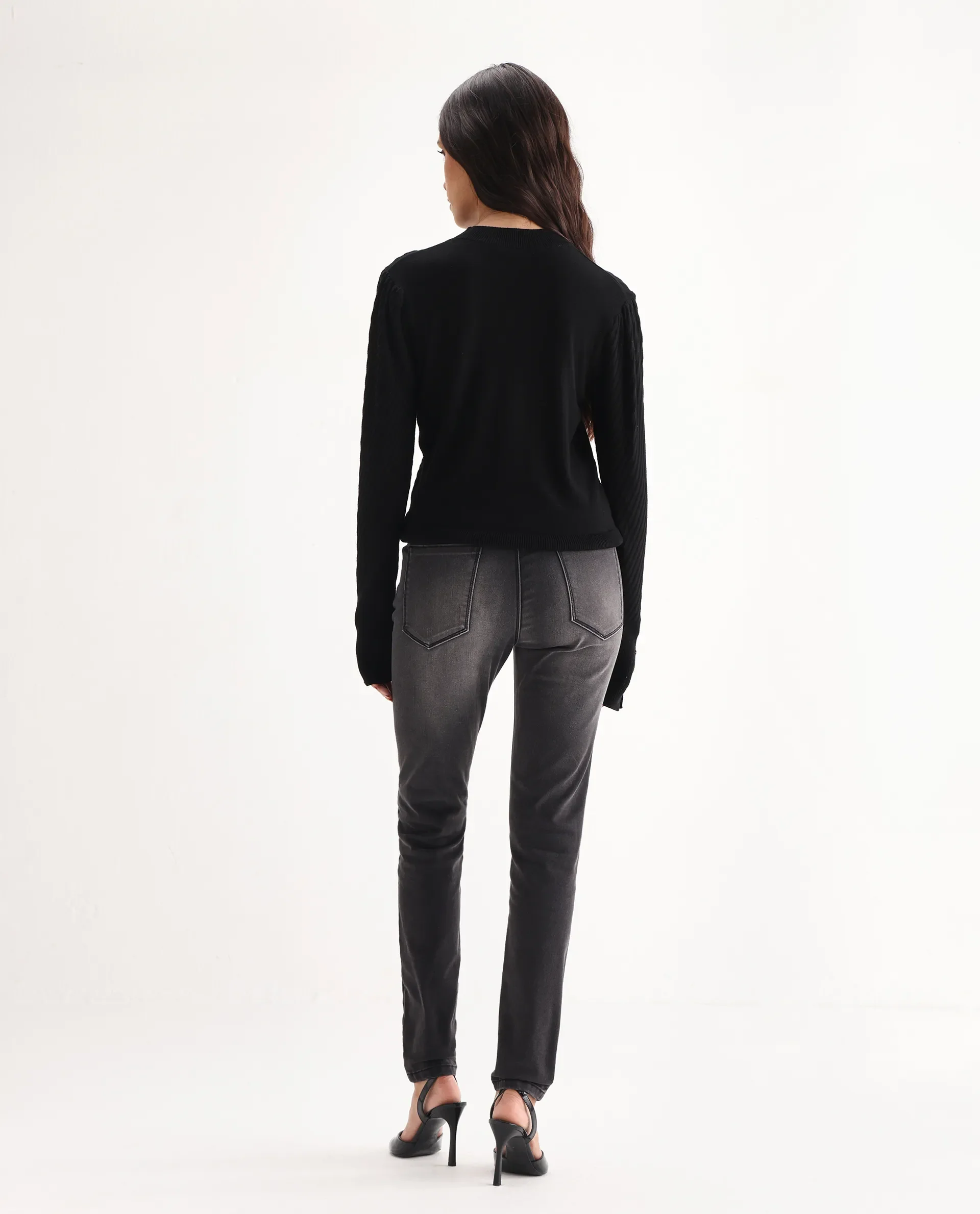 Rareism Women's Clipper Grey Cotton Blend Plain Ankle Length Slim Fit Jeans - Image 8