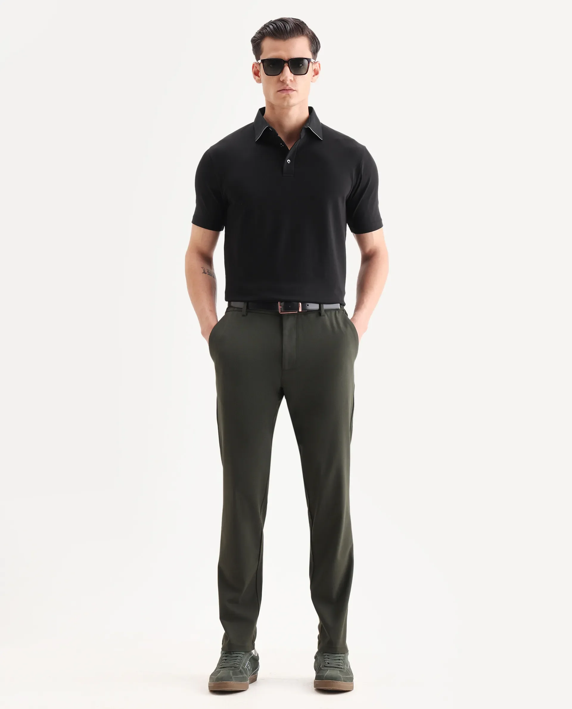 Rare Rabbit Men's Clive Black Cotton Blend Plain Regular Fit Half Sleeve Polo - Image 2