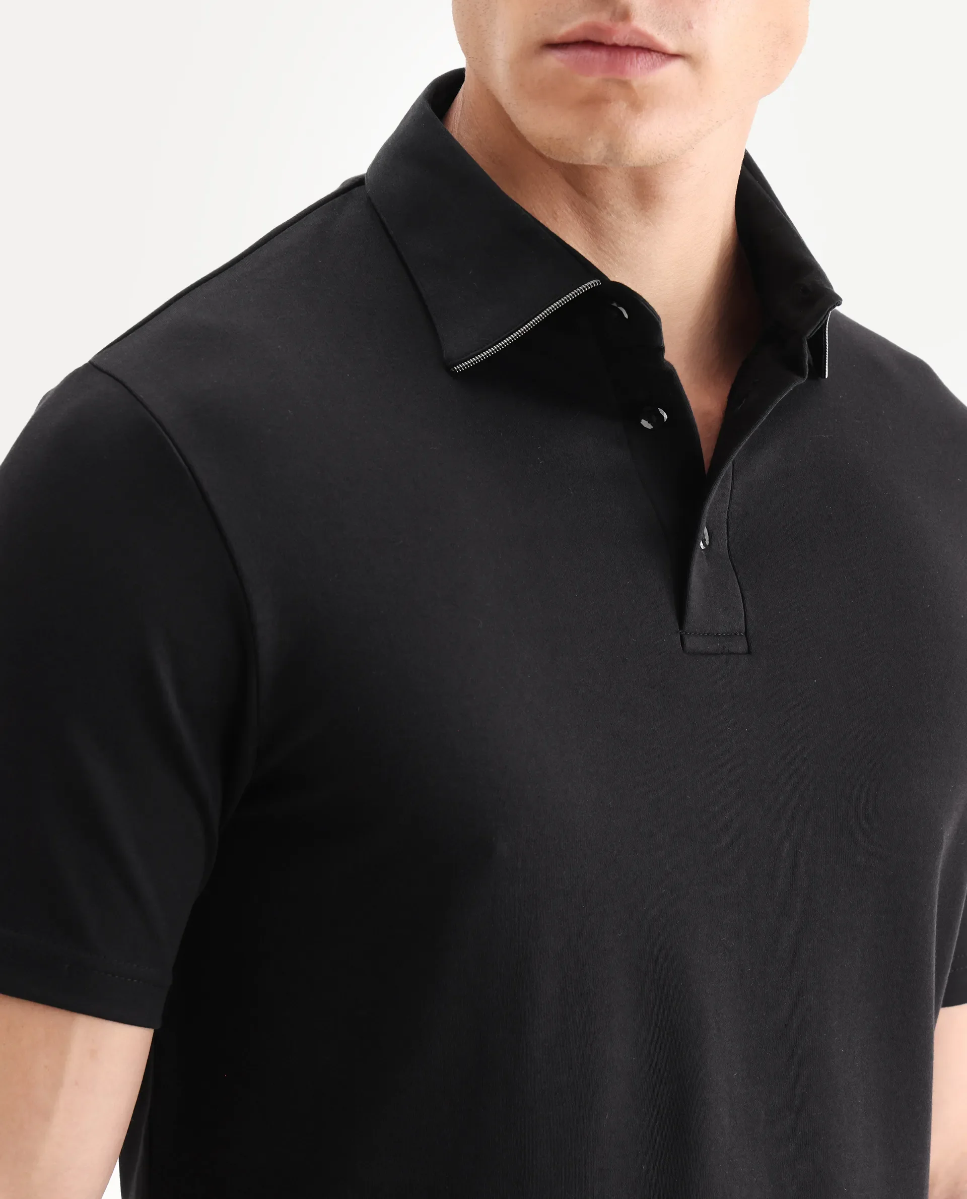 Rare Rabbit Men's Clive Black Cotton Blend Plain Regular Fit Half Sleeve Polo - Image 3