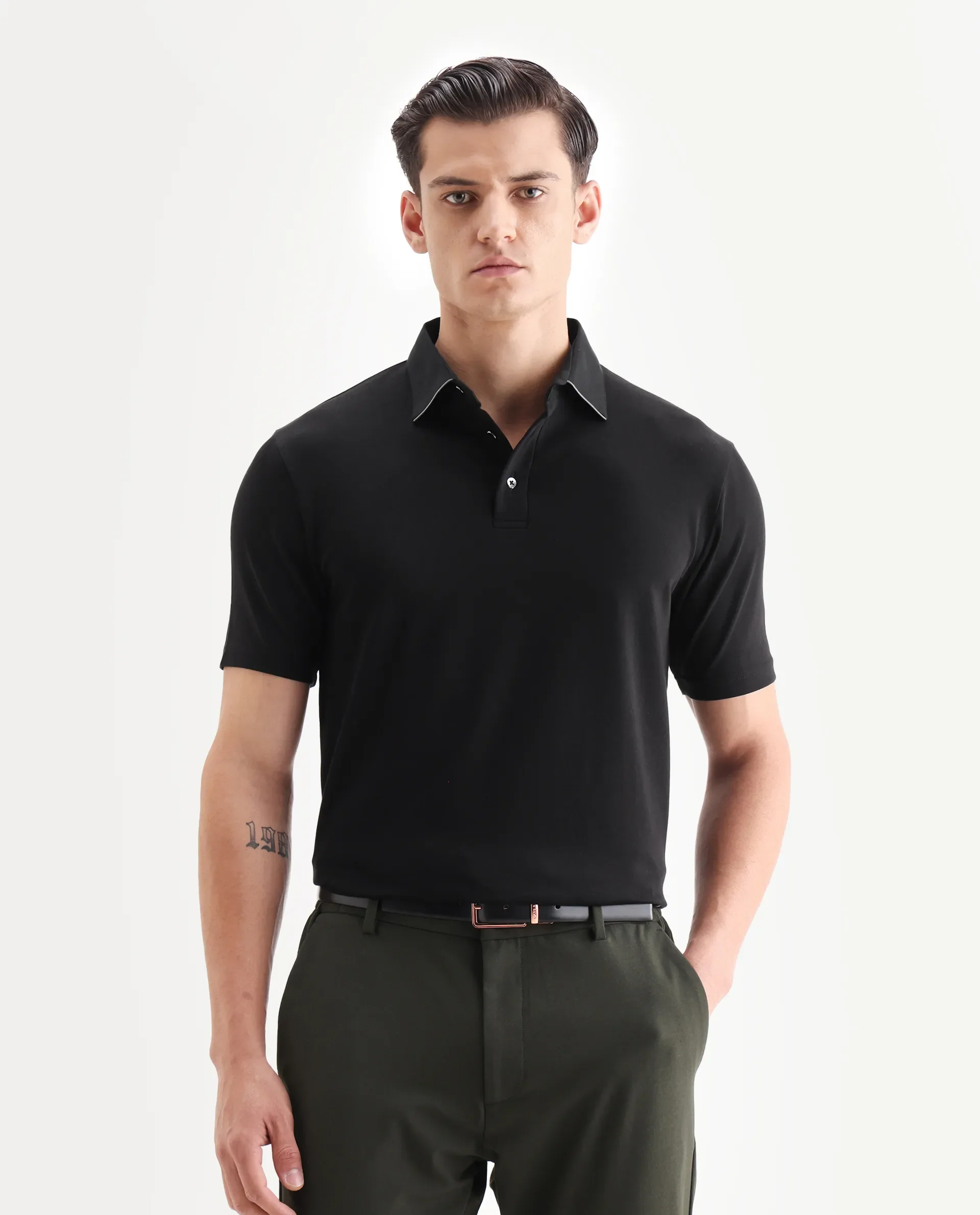 Rare Rabbit Men's Clive Black Cotton Blend Plain Regular Fit Half Sleeve Polo - Image 4
