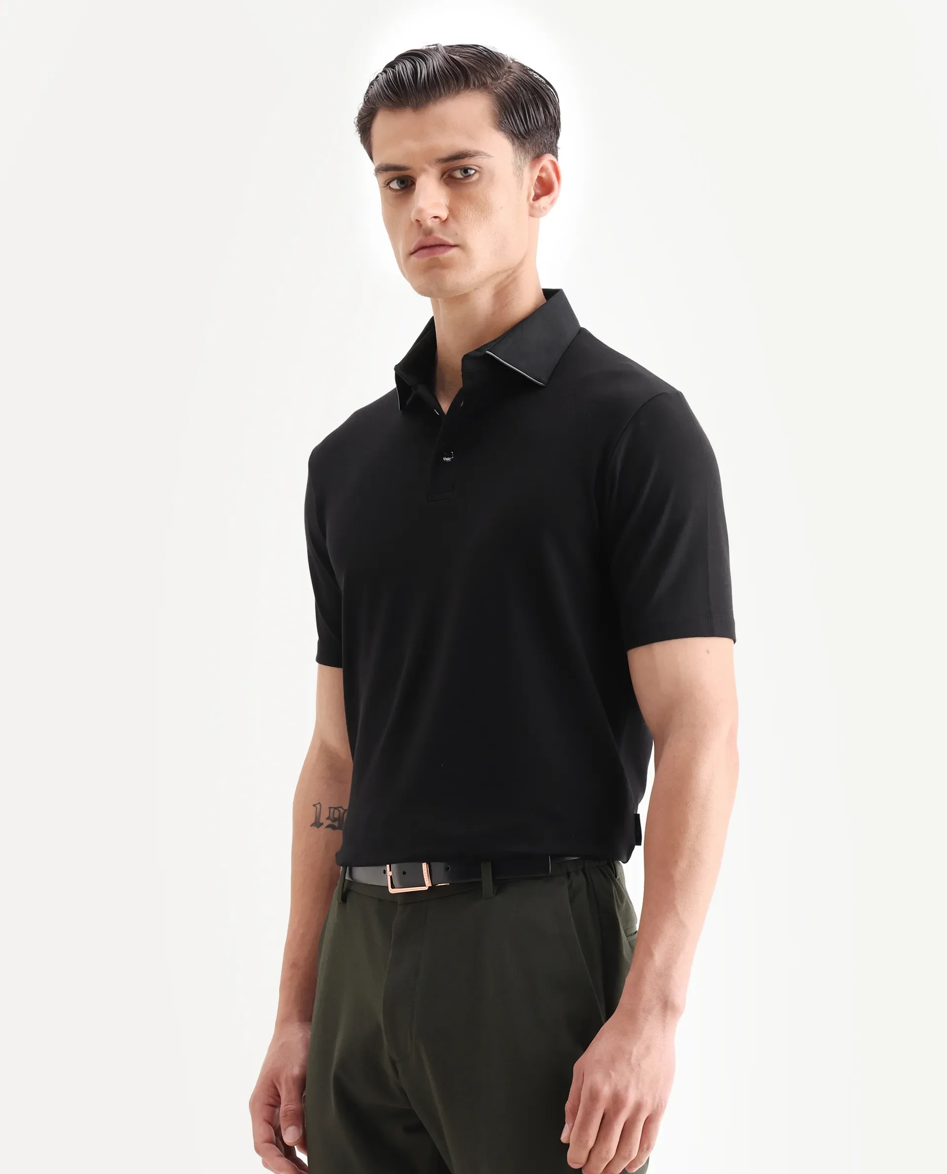 Rare Rabbit Men's Clive Black Cotton Blend Plain Regular Fit Half Sleeve Polo - Image 5