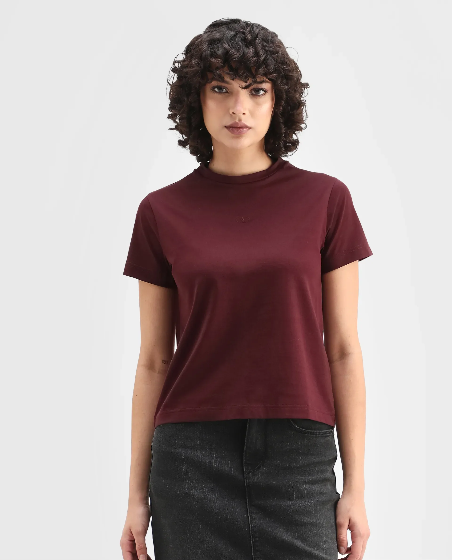 Rareism Women's Clive Dark Maroon Cotton Crew Neck Regular Fit T-Shirt - Image 3