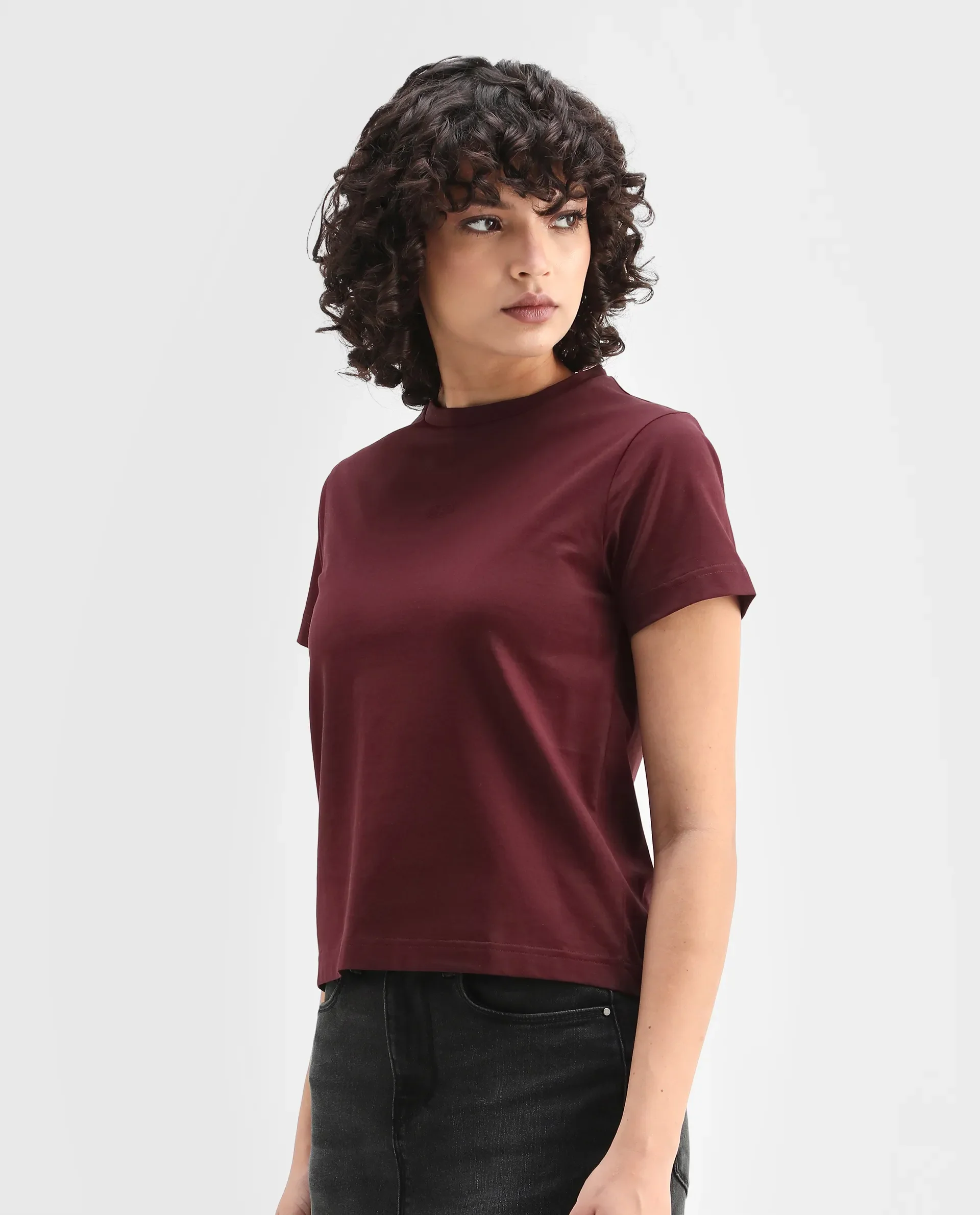 Rareism Women's Clive Dark Maroon Cotton Crew Neck Regular Fit T-Shirt - Image 5