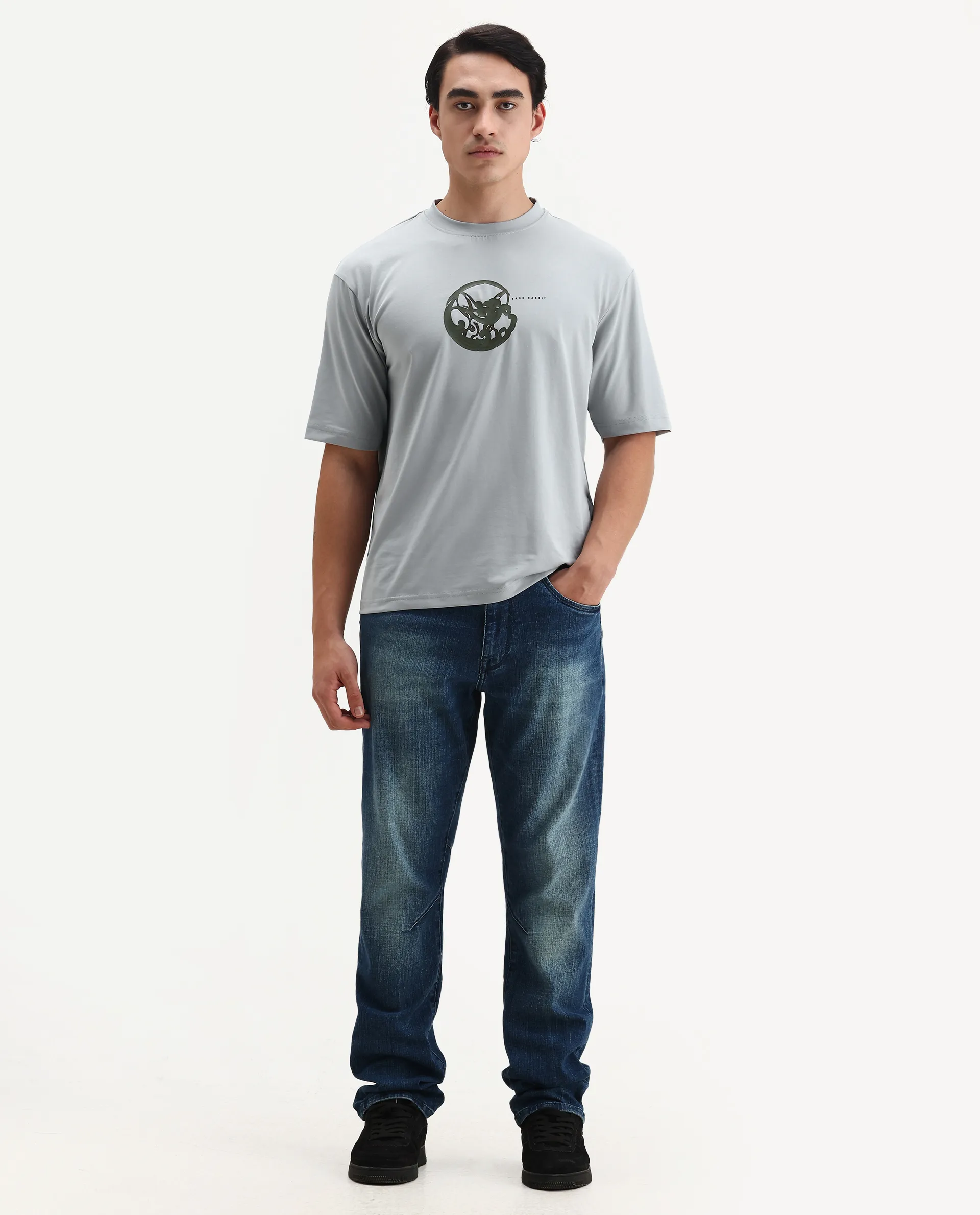 Rare Rabbit Men's Clod Light Grey Cotton Graphic Print Qlo Fit Half Sleeve Crew Neck T-Shirt - Image 2