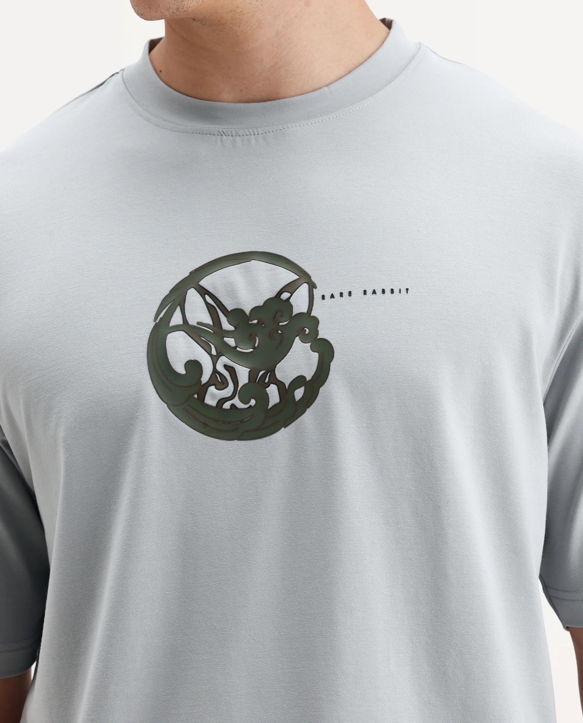 Rare Rabbit Men's Clod Light Grey Cotton Graphic Print Qlo Fit Half Sleeve Crew Neck T-Shirt - Image 3