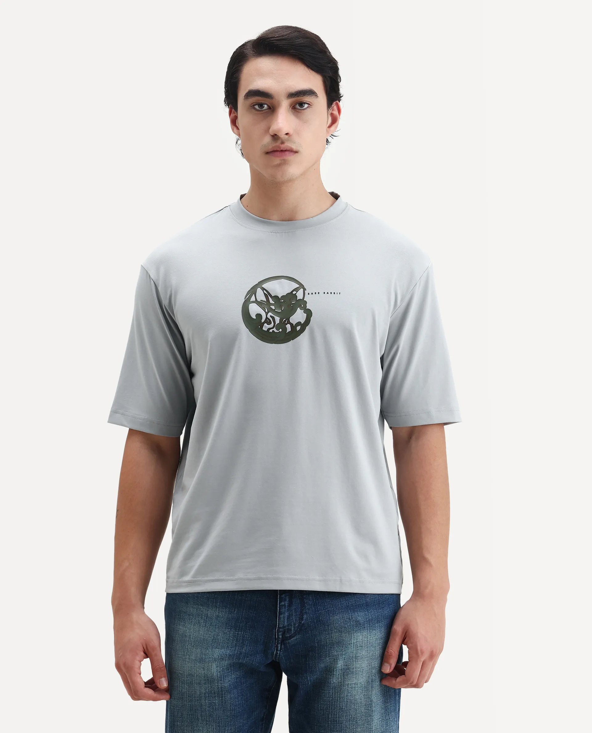 Rare Rabbit Men's Clod Light Grey Cotton Graphic Print Qlo Fit Half Sleeve Crew Neck T-Shirt - Image 6