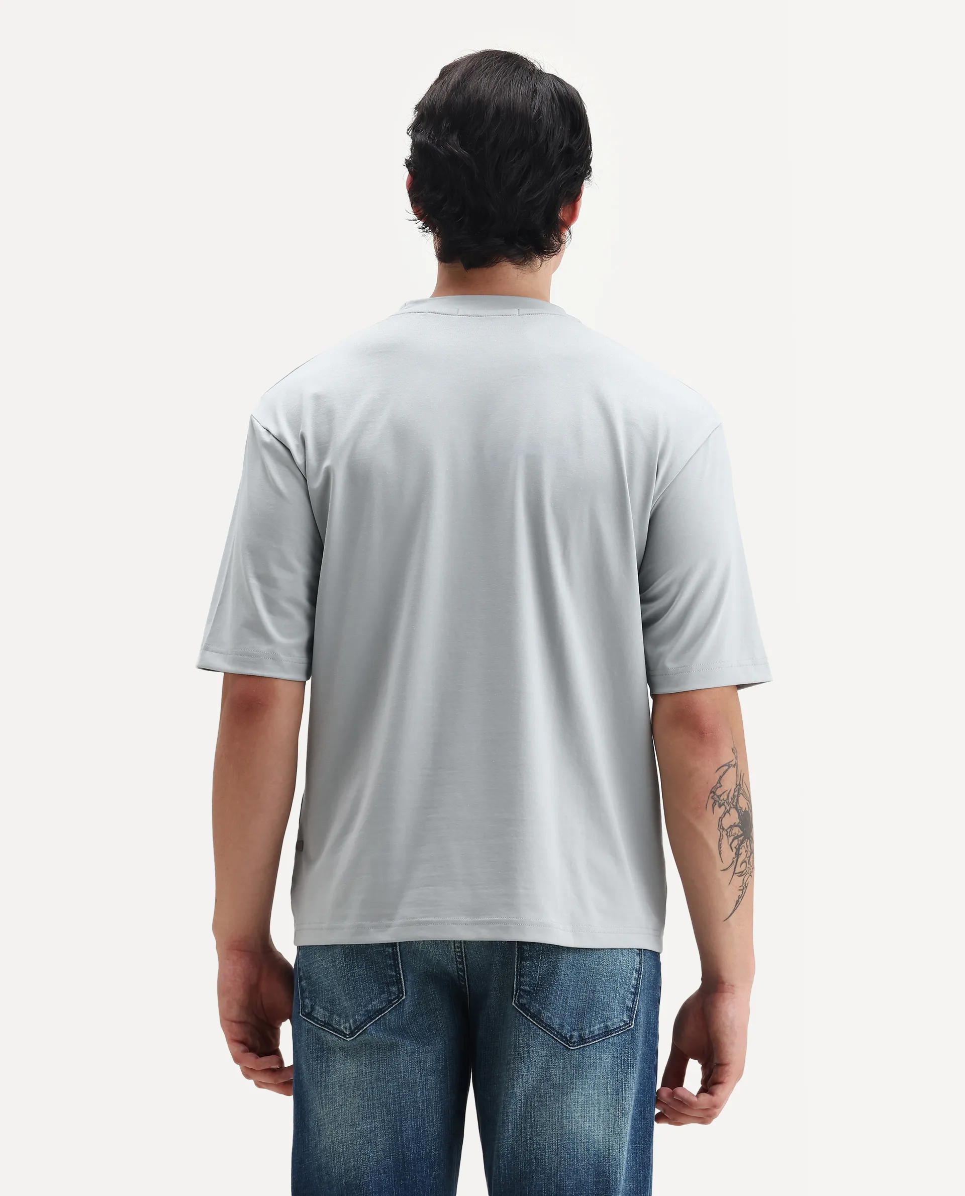 Rare Rabbit Men's Clod Light Grey Cotton Graphic Print Qlo Fit Half Sleeve Crew Neck T-Shirt - Image 7