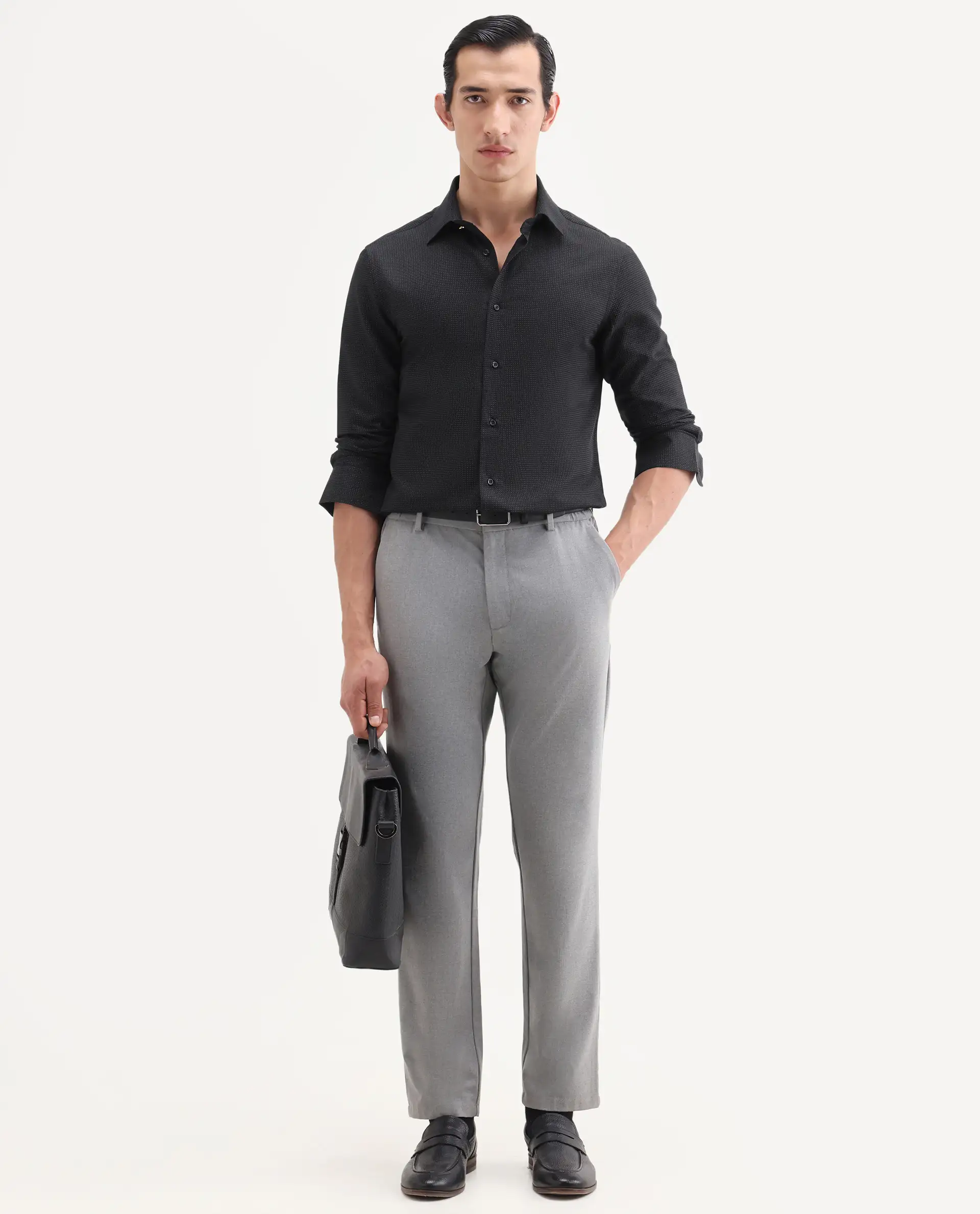 Rare Rabbit Men's Clor-26 Black Cotton Fabric Full Sleeve Spread Collar Button Regular Plain Shirt - Image 2