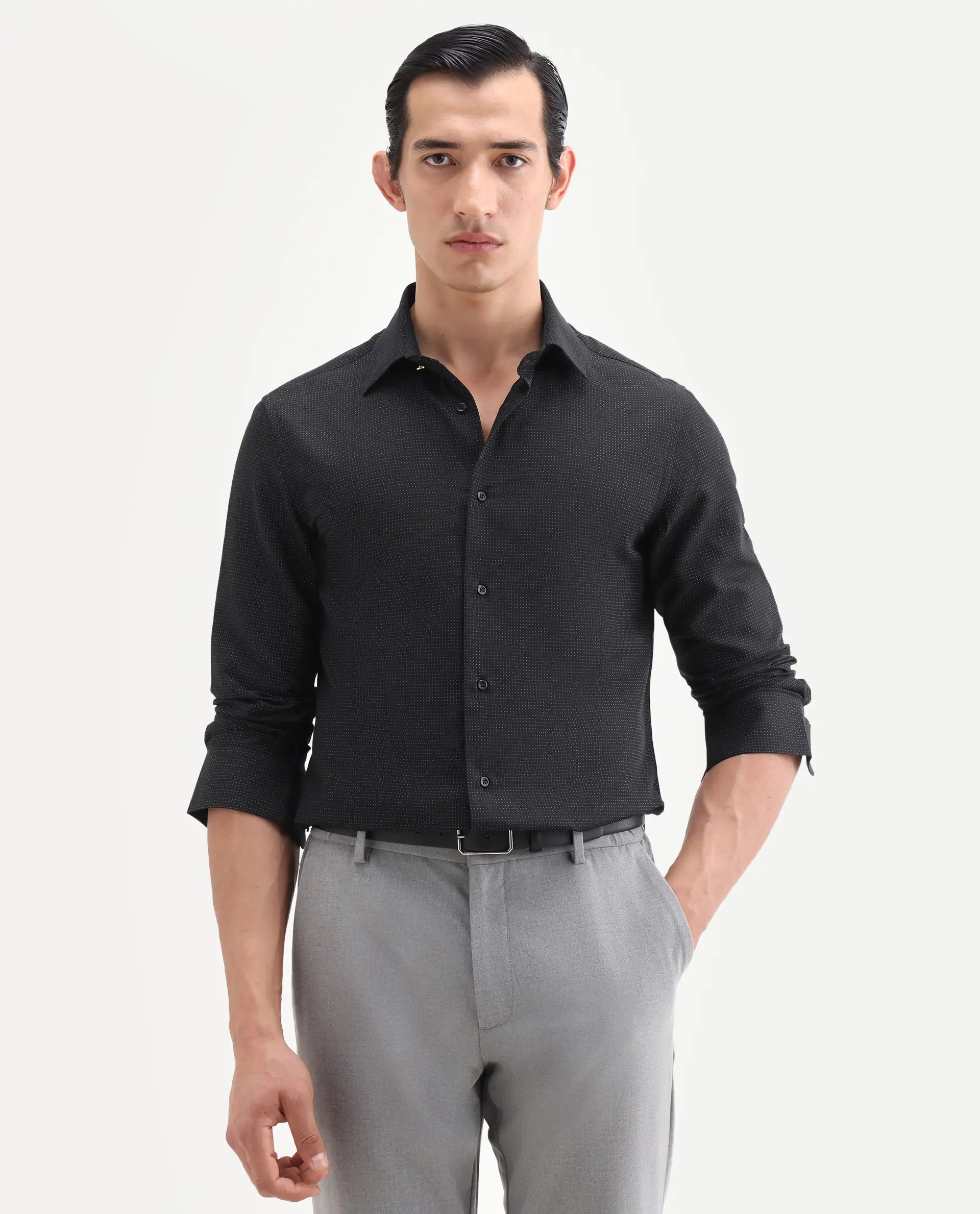 Rare Rabbit Men's Clor-26 Black Cotton Fabric Full Sleeve Spread Collar Button Regular Plain Shirt - Image 4