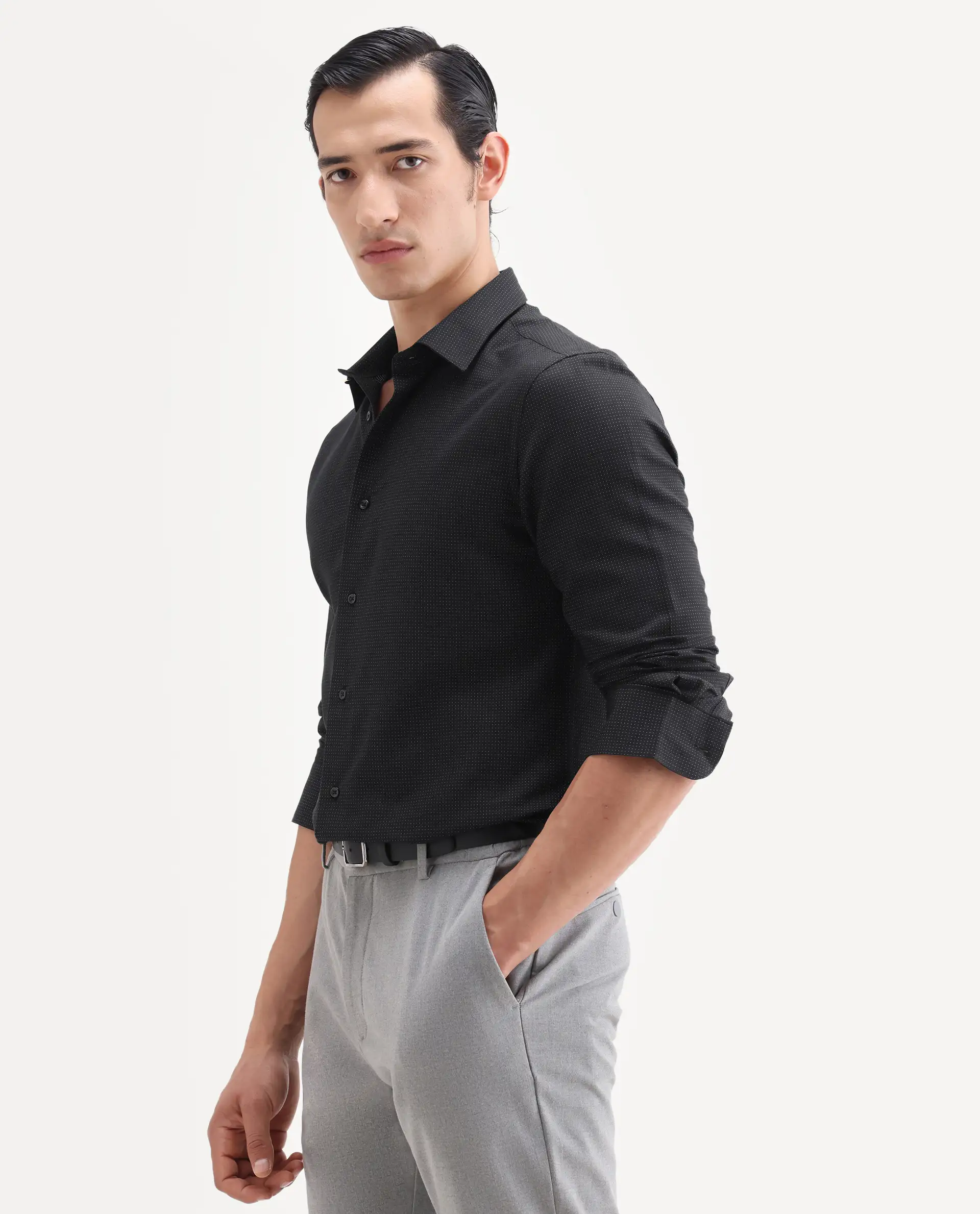 Rare Rabbit Men's Clor-26 Black Cotton Fabric Full Sleeve Spread Collar Button Regular Plain Shirt - Image 5