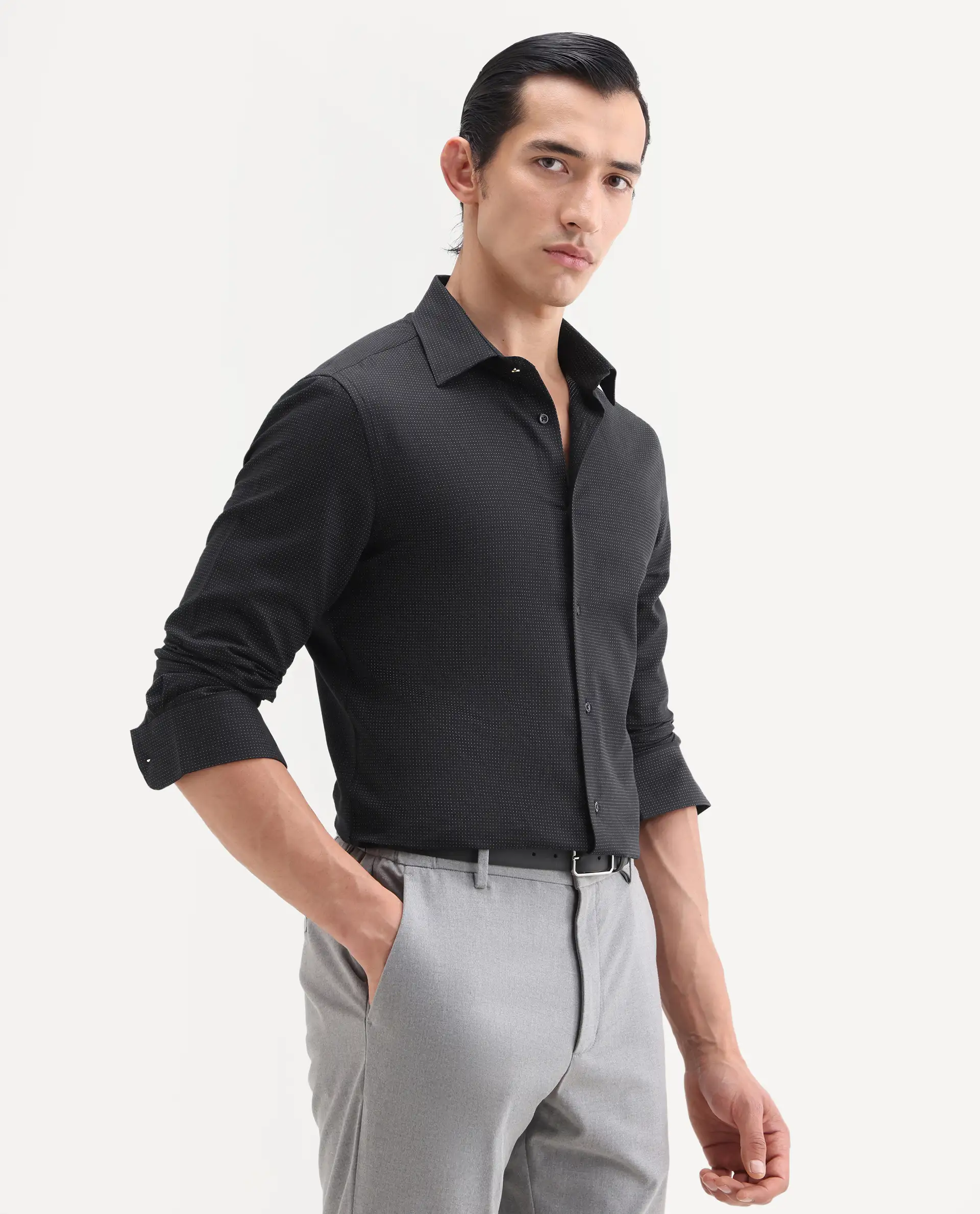 Rare Rabbit Men's Clor-26 Black Cotton Fabric Full Sleeve Spread Collar Button Regular Plain Shirt - Image 6