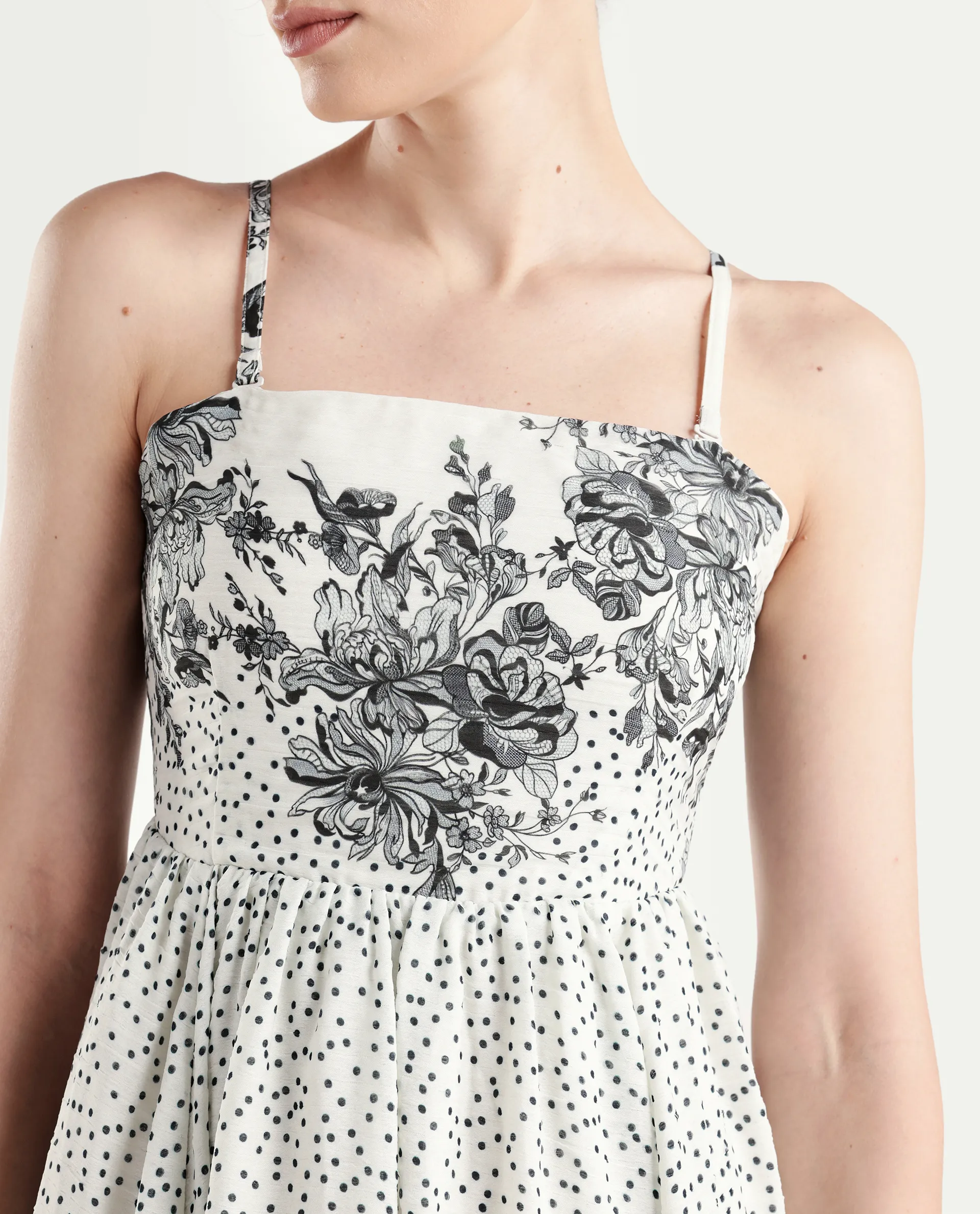 Rareism Women's Clora Off White Polyester Sleeveless Fit And Flare Floral Print Dress - Image 4