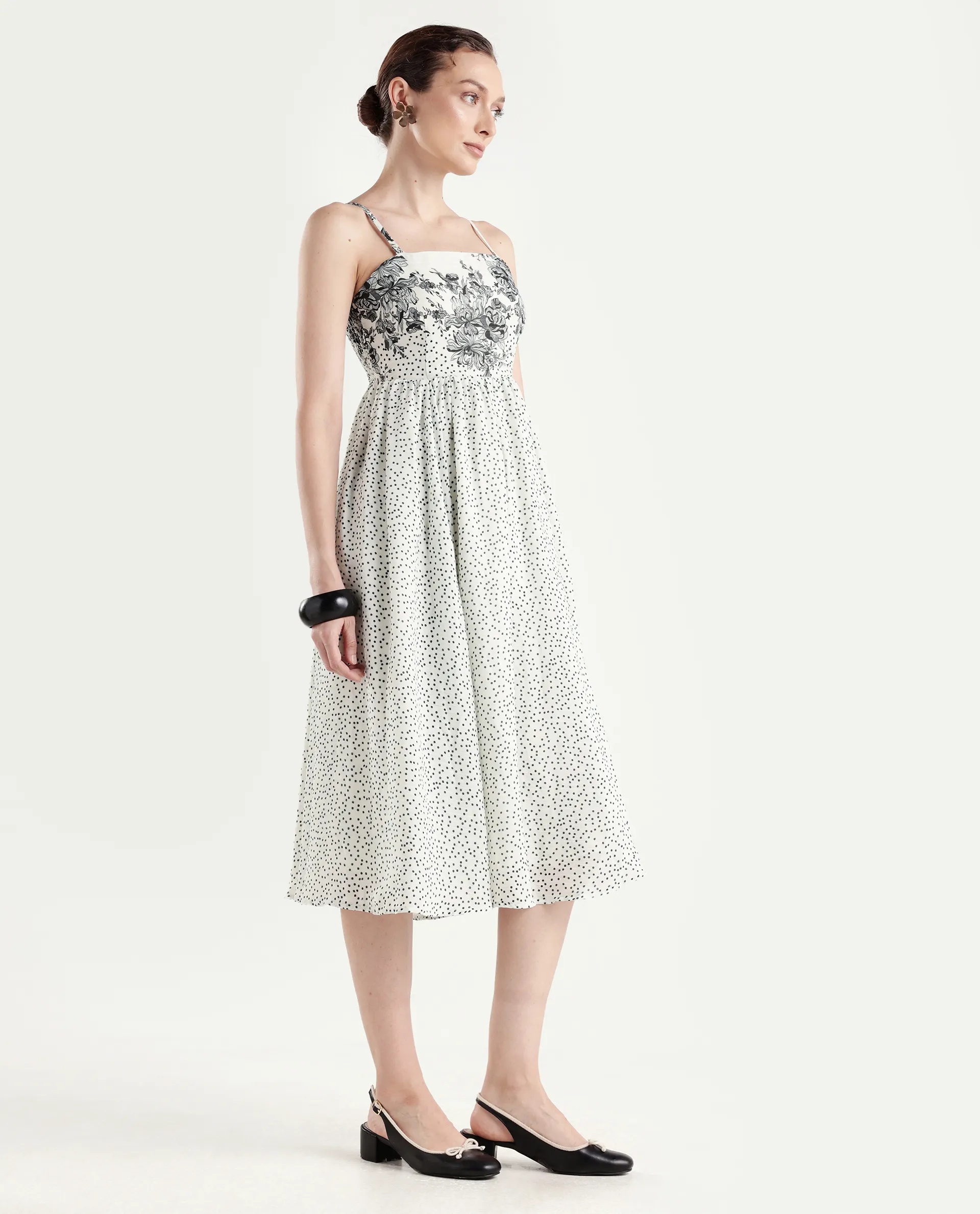 Rareism Women's Clora Off White Polyester Sleeveless Fit And Flare Floral Print Dress - Image 6