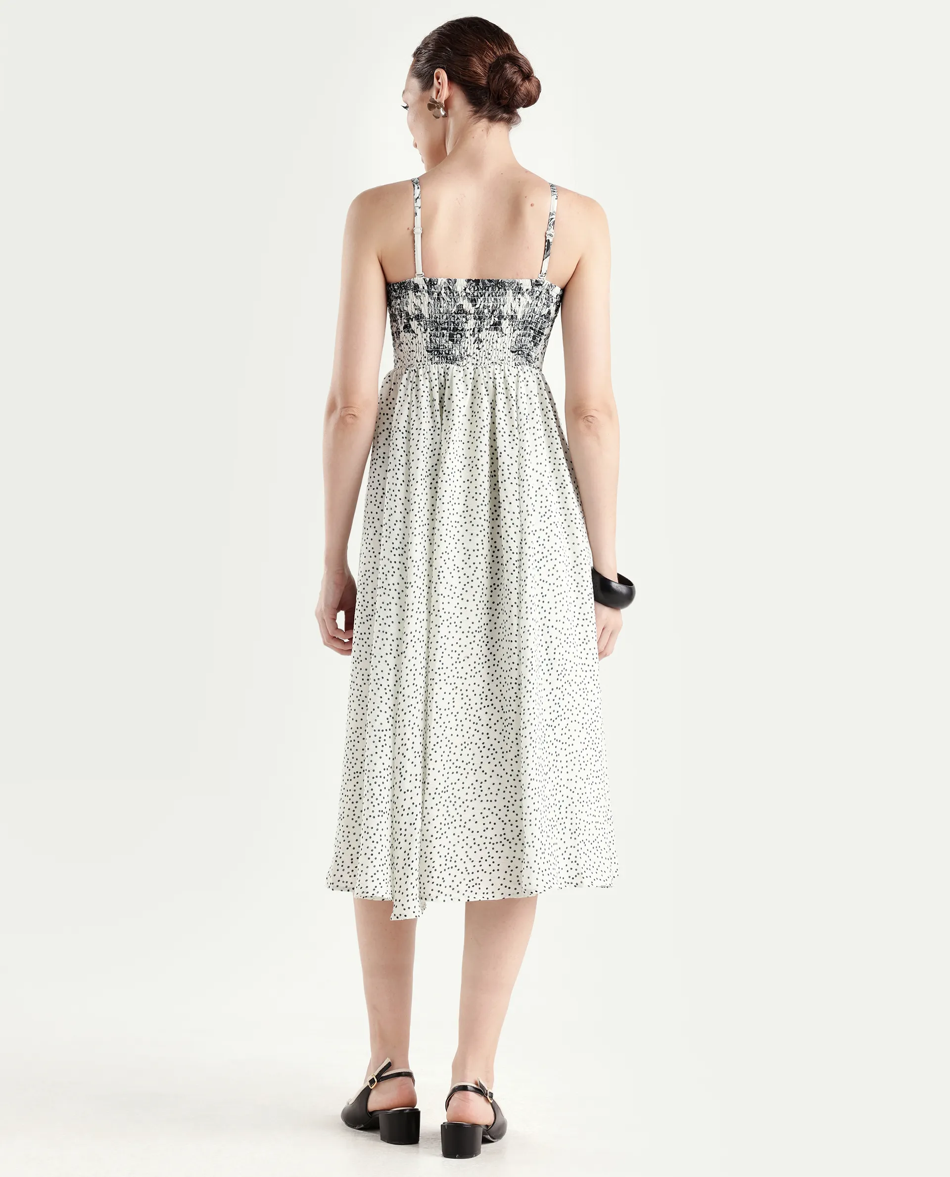 Rareism Women's Clora Off White Polyester Sleeveless Fit And Flare Floral Print Dress - Image 7