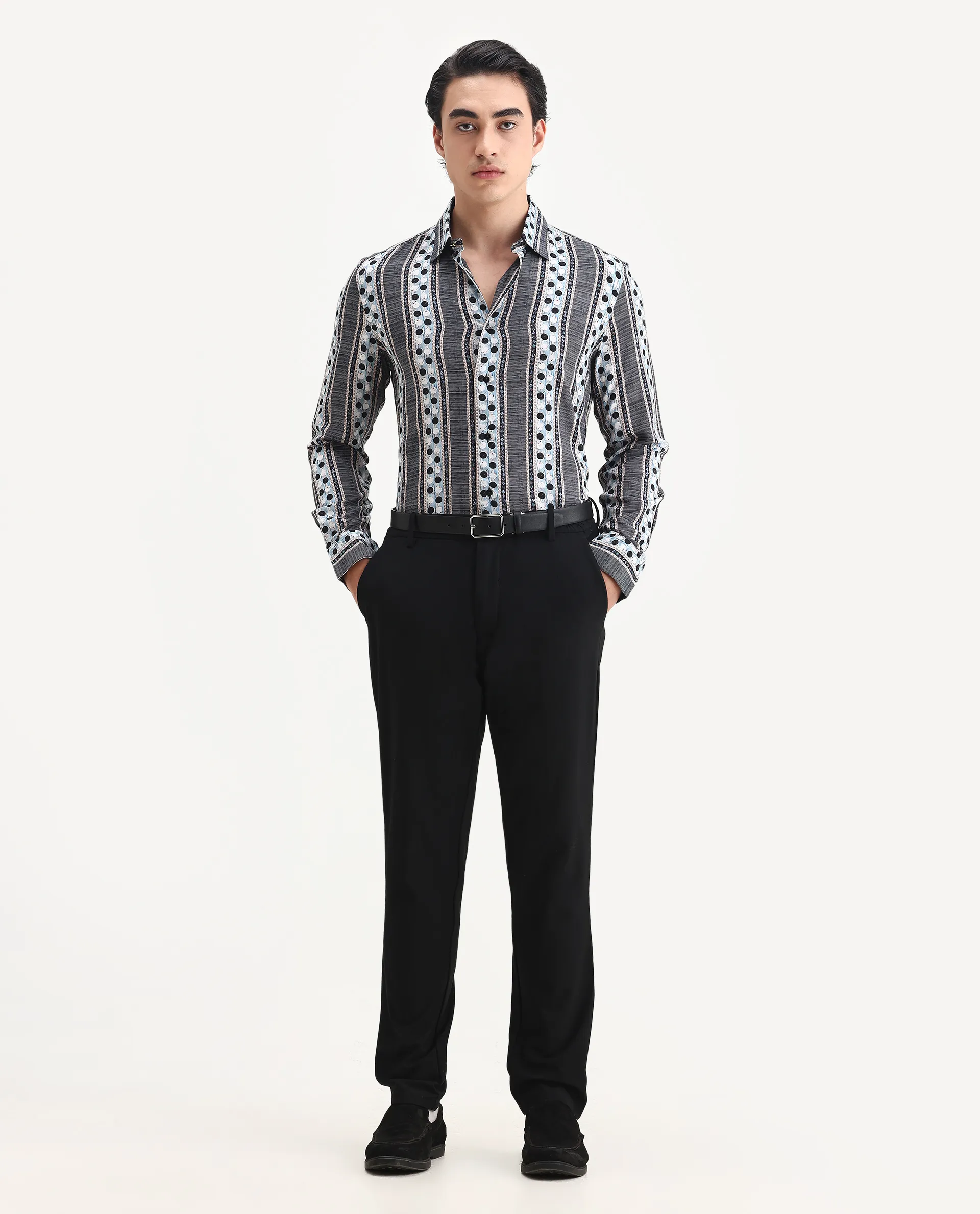 Rare Rabbit Men's Clortan Black Viscose Geometric Print Regular Fit Full Sleeve Collared Shirt - Image 2