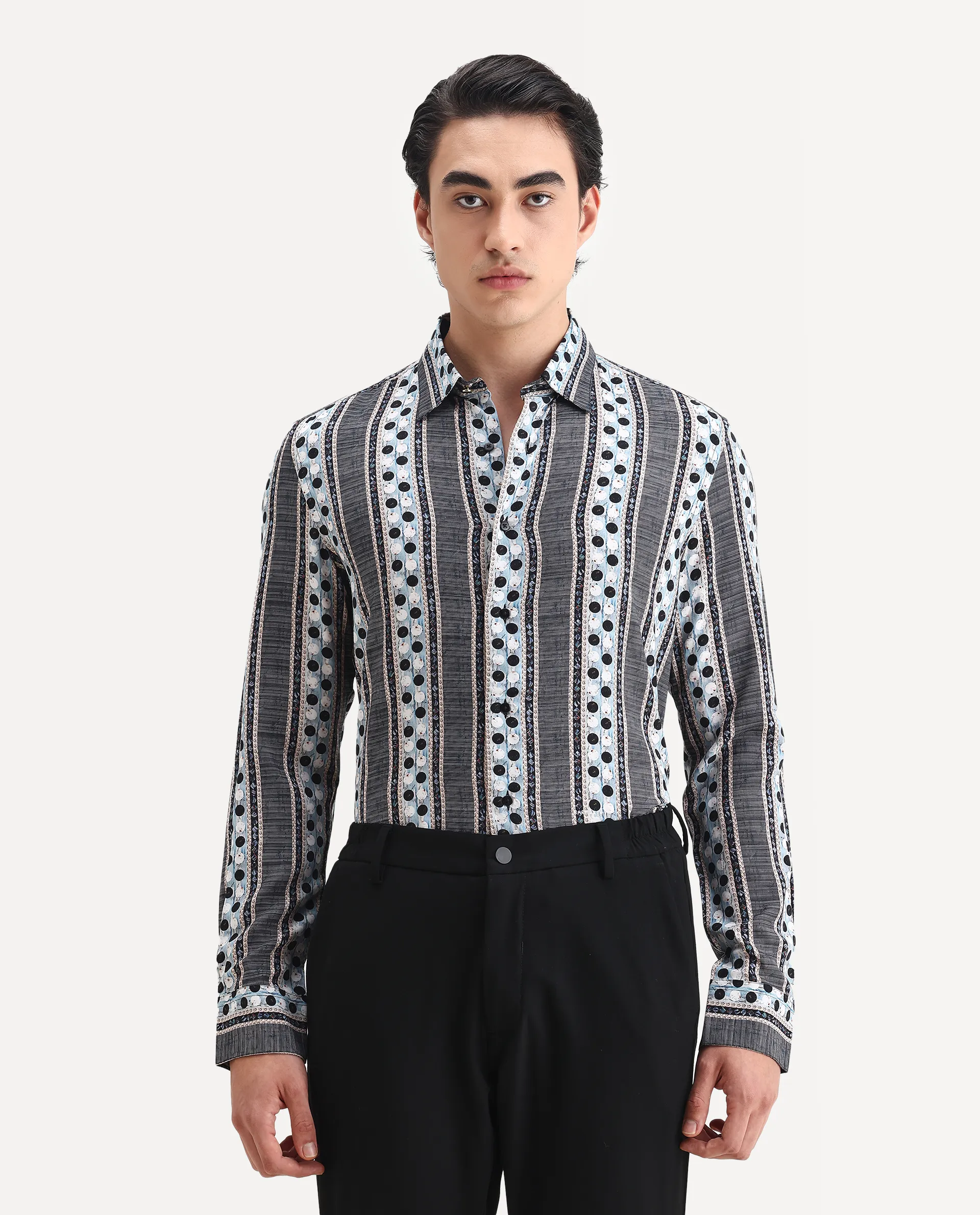 Rare Rabbit Men's Clortan Black Viscose Geometric Print Regular Fit Full Sleeve Collared Shirt - Image 4