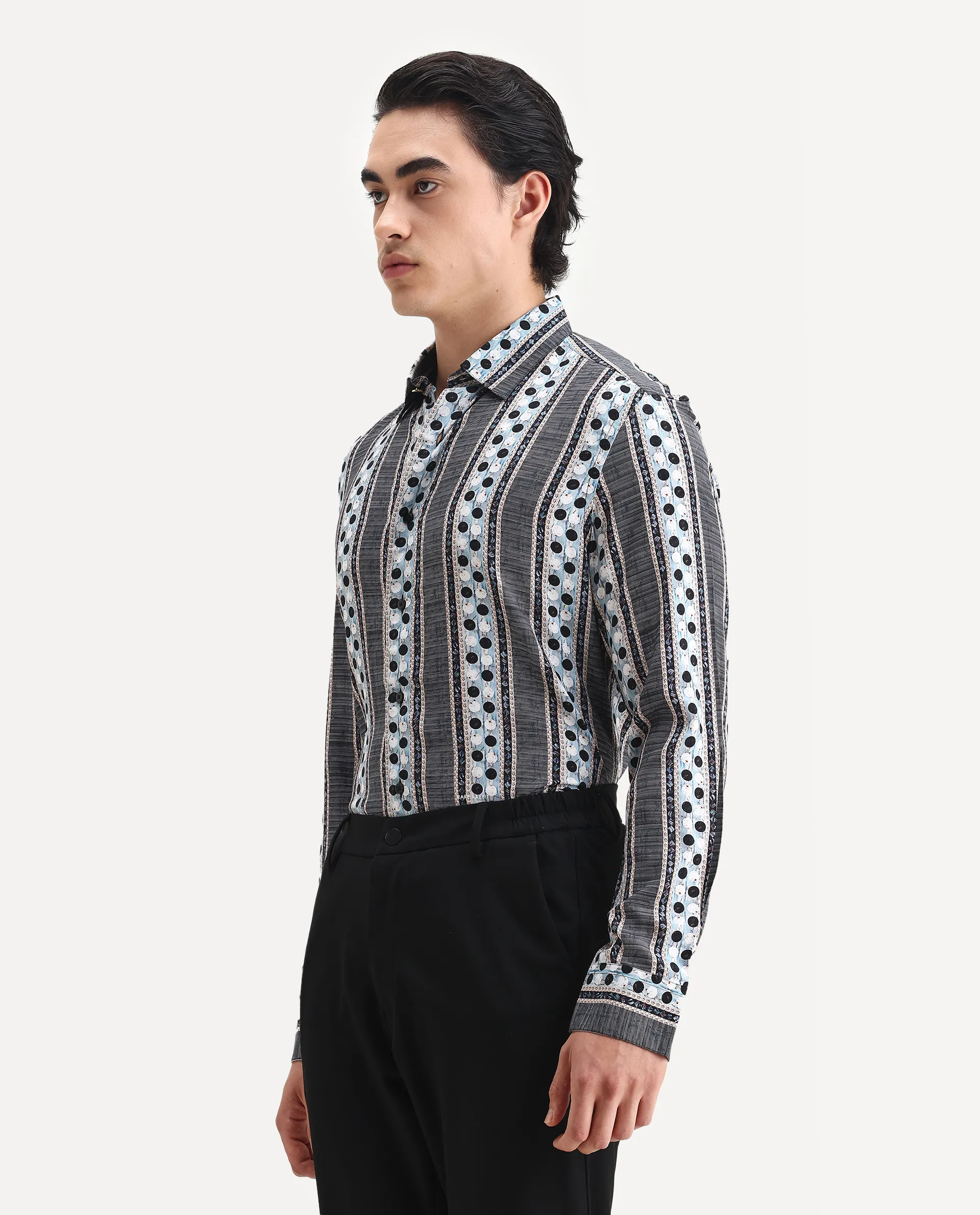 Rare Rabbit Men's Clortan Black Viscose Geometric Print Regular Fit Full Sleeve Collared Shirt - Image 5