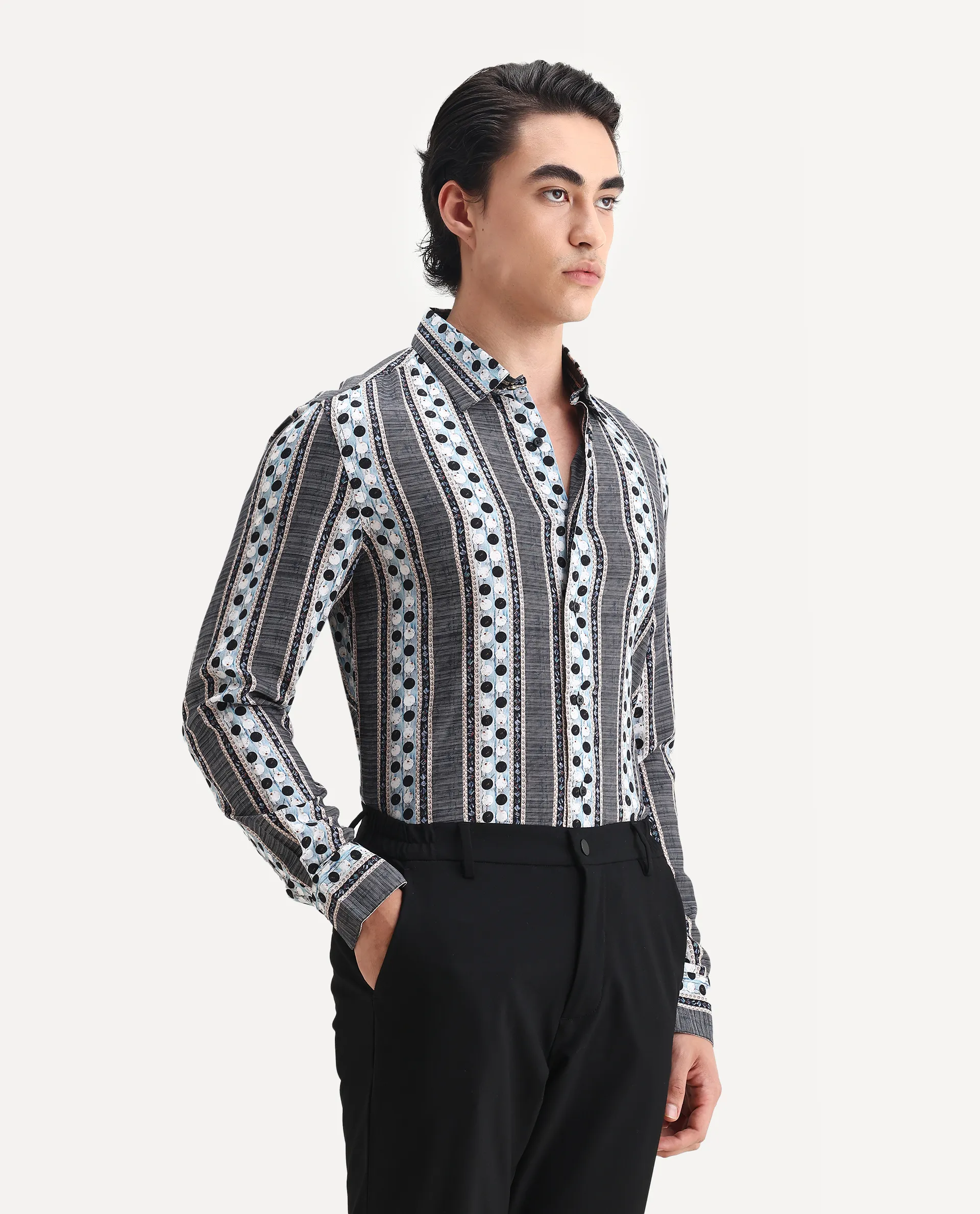 Rare Rabbit Men's Clortan Black Viscose Geometric Print Regular Fit Full Sleeve Collared Shirt - Image 6