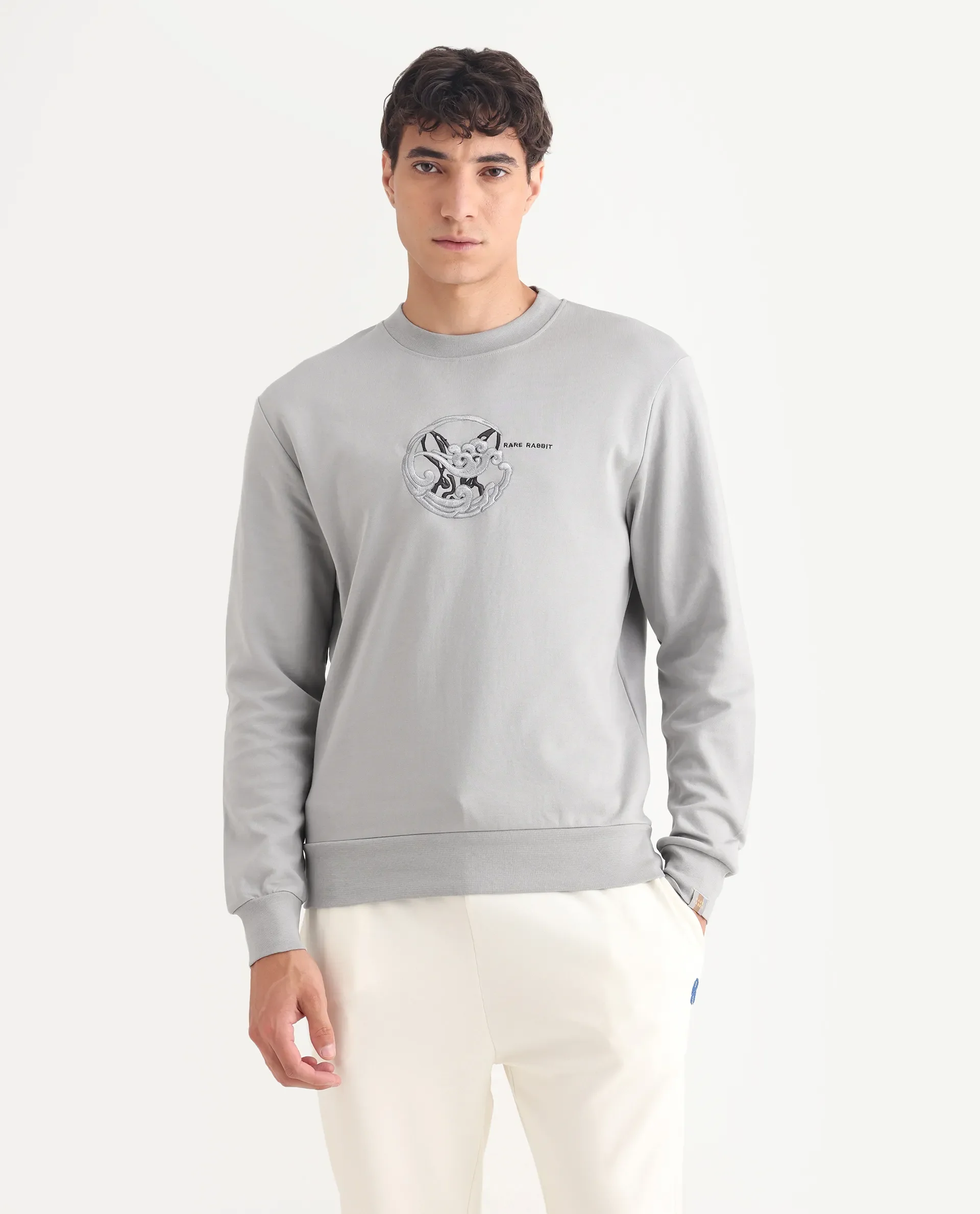 Rare Rabbit Men's Clos Light Grey Cotton Embroidered Regular Fit Full Sleeve Crew Neck Sweatshirt - Image 3