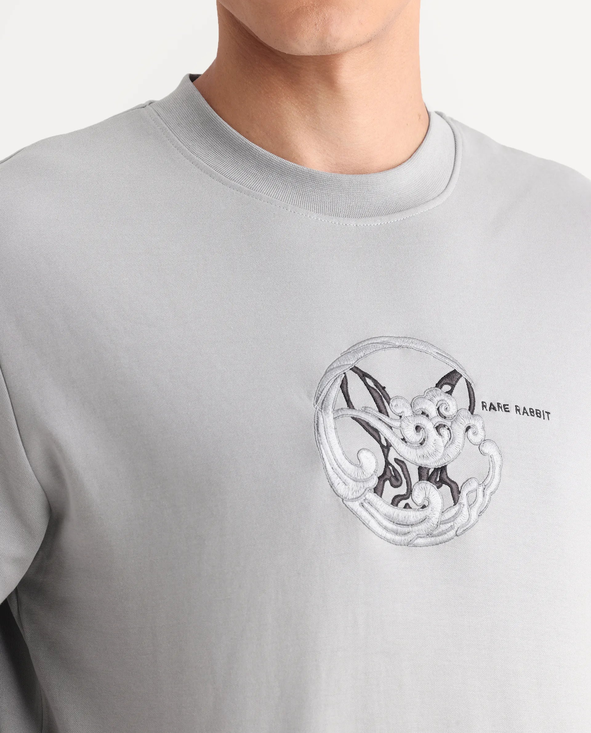 Rare Rabbit Men's Clos Light Grey Cotton Embroidered Regular Fit Full Sleeve Crew Neck Sweatshirt - Image 4