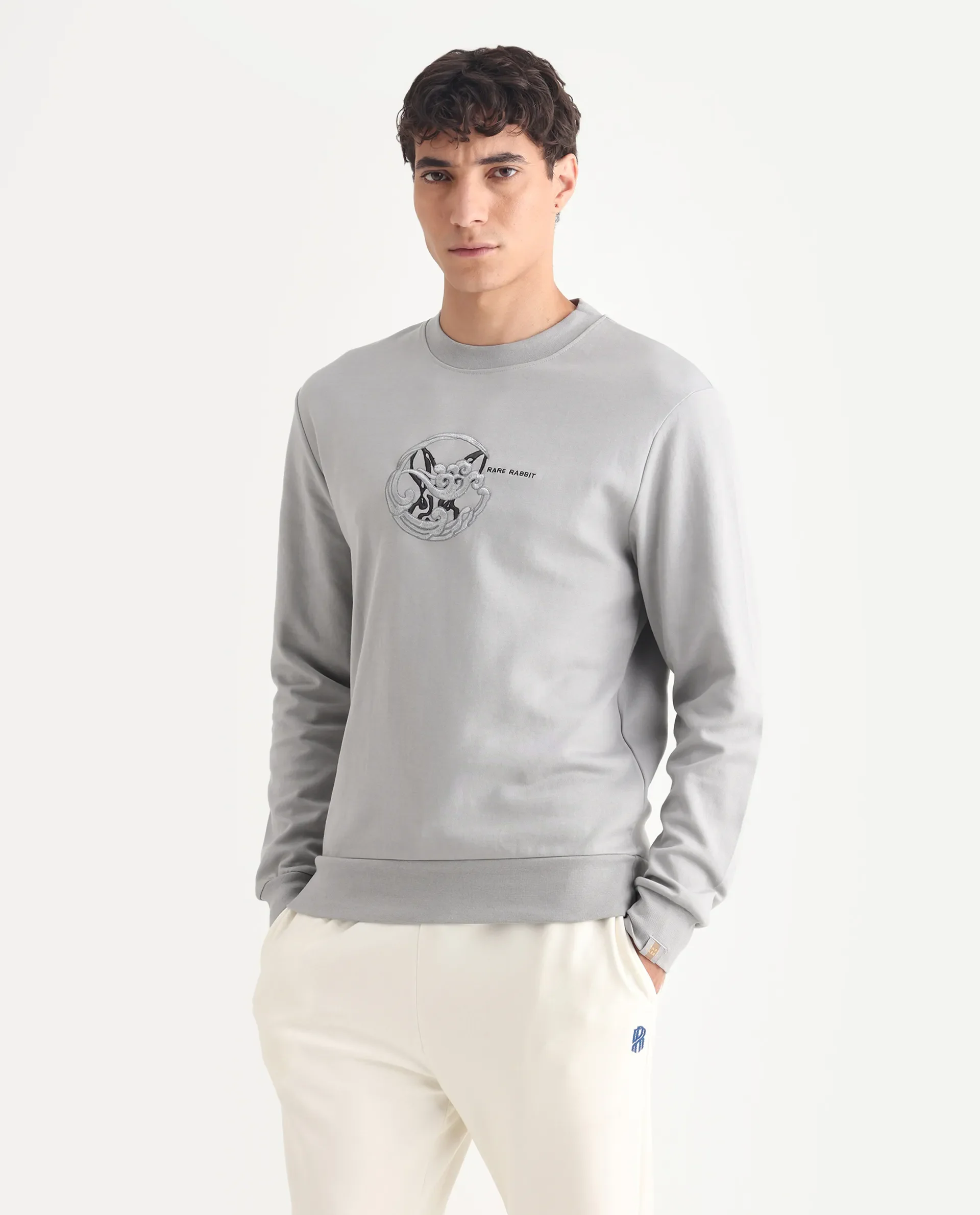 Rare Rabbit Men's Clos Light Grey Cotton Embroidered Regular Fit Full Sleeve Crew Neck Sweatshirt - Image 5