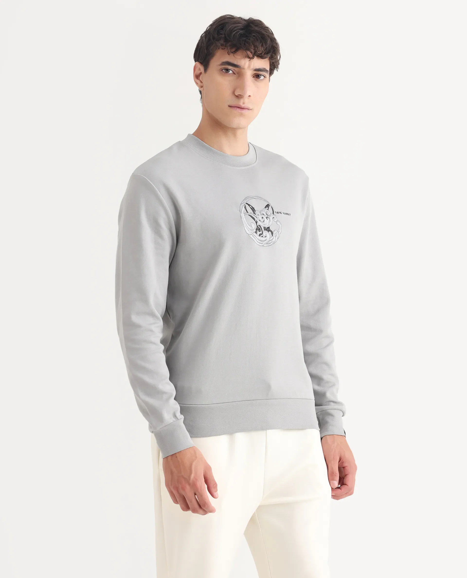 Rare Rabbit Men's Clos Light Grey Cotton Embroidered Regular Fit Full Sleeve Crew Neck Sweatshirt - Image 6