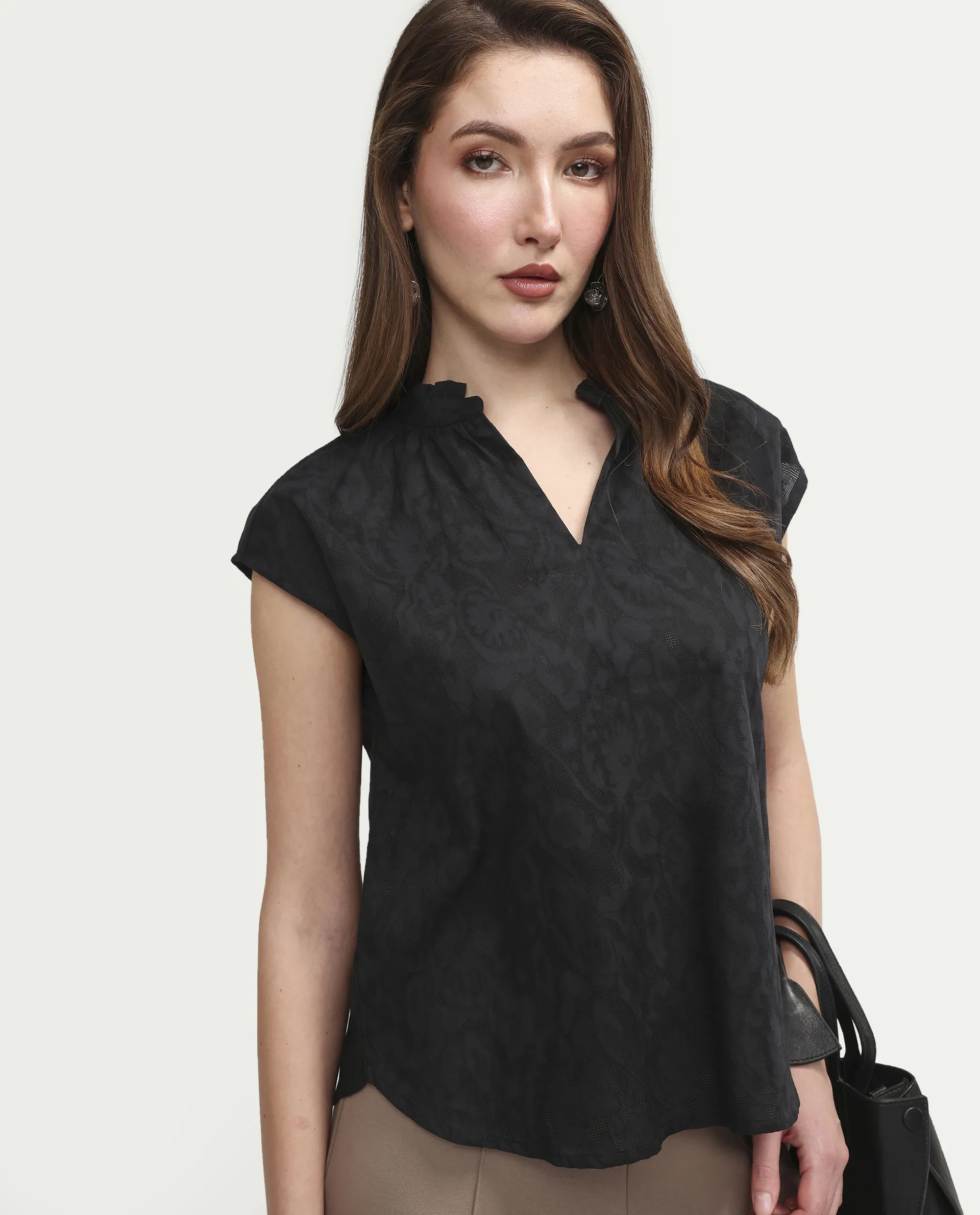 Rareism Women's Closia Black Cotton Half Sleeve Relaxed Fit Jacquard Top