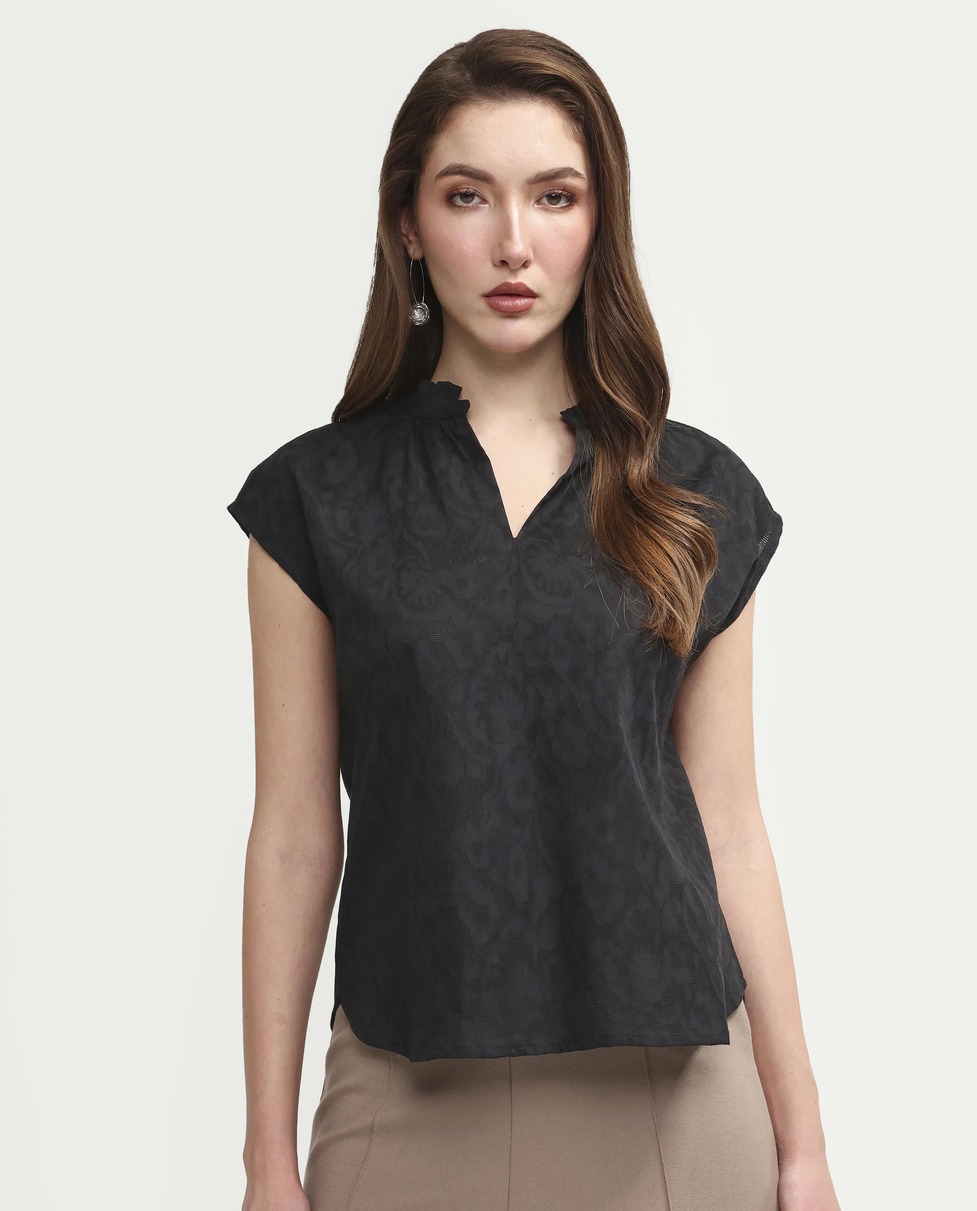 Rareism Women's Closia Black Cotton Half Sleeve Relaxed Fit Jacquard Top - Image 3