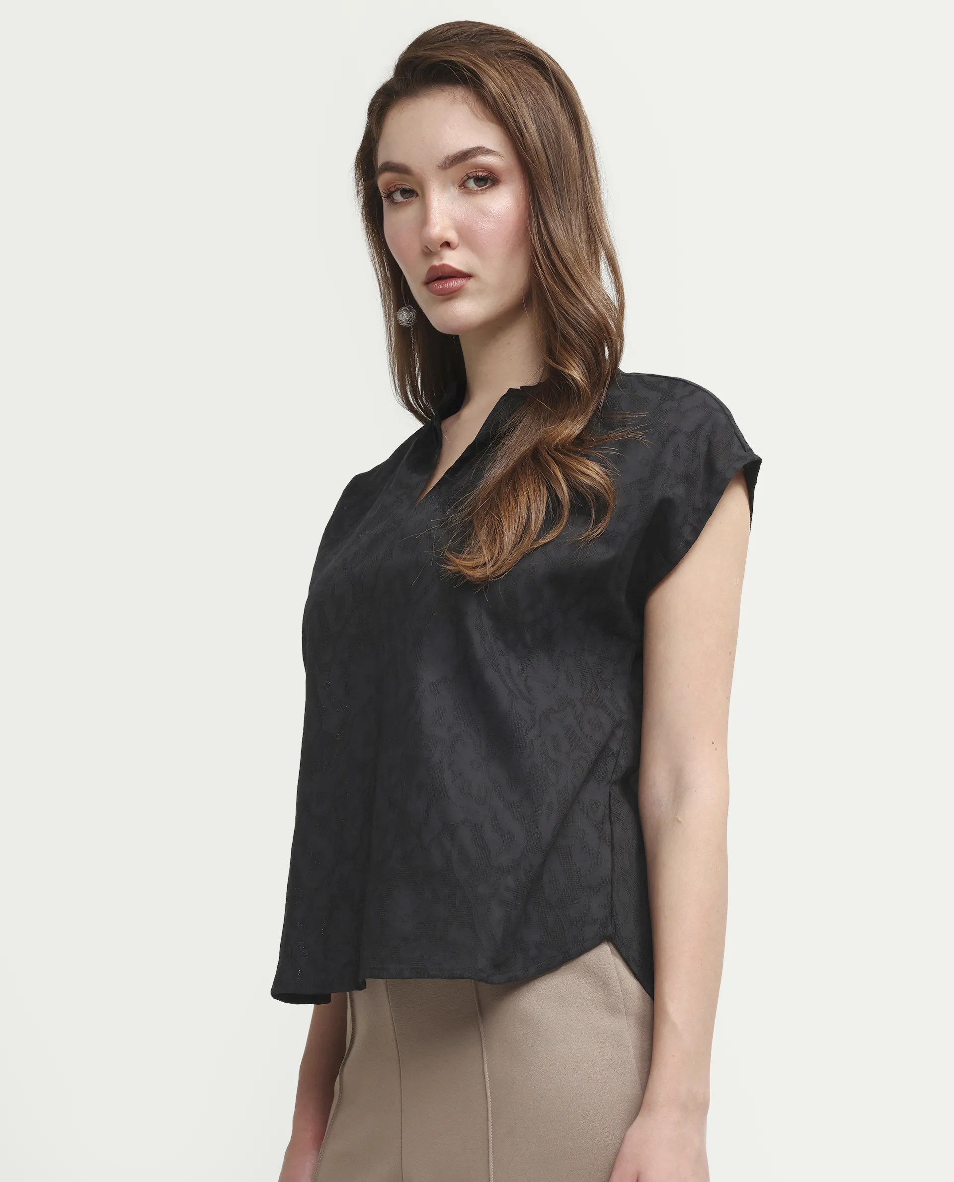 Rareism Women's Closia Black Cotton Half Sleeve Relaxed Fit Jacquard Top - Image 5