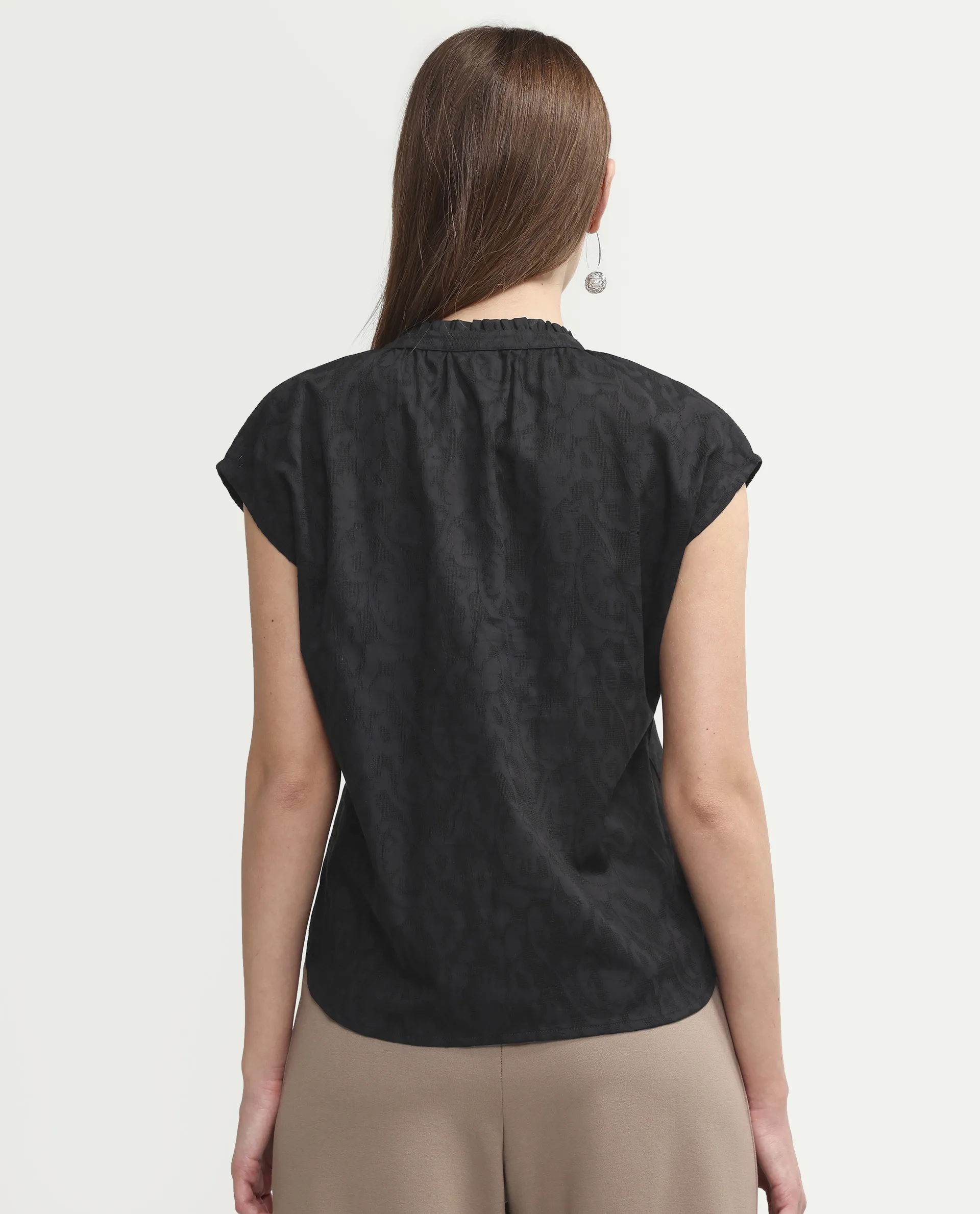 Rareism Women's Closia Black Cotton Half Sleeve Relaxed Fit Jacquard Top - Image 7