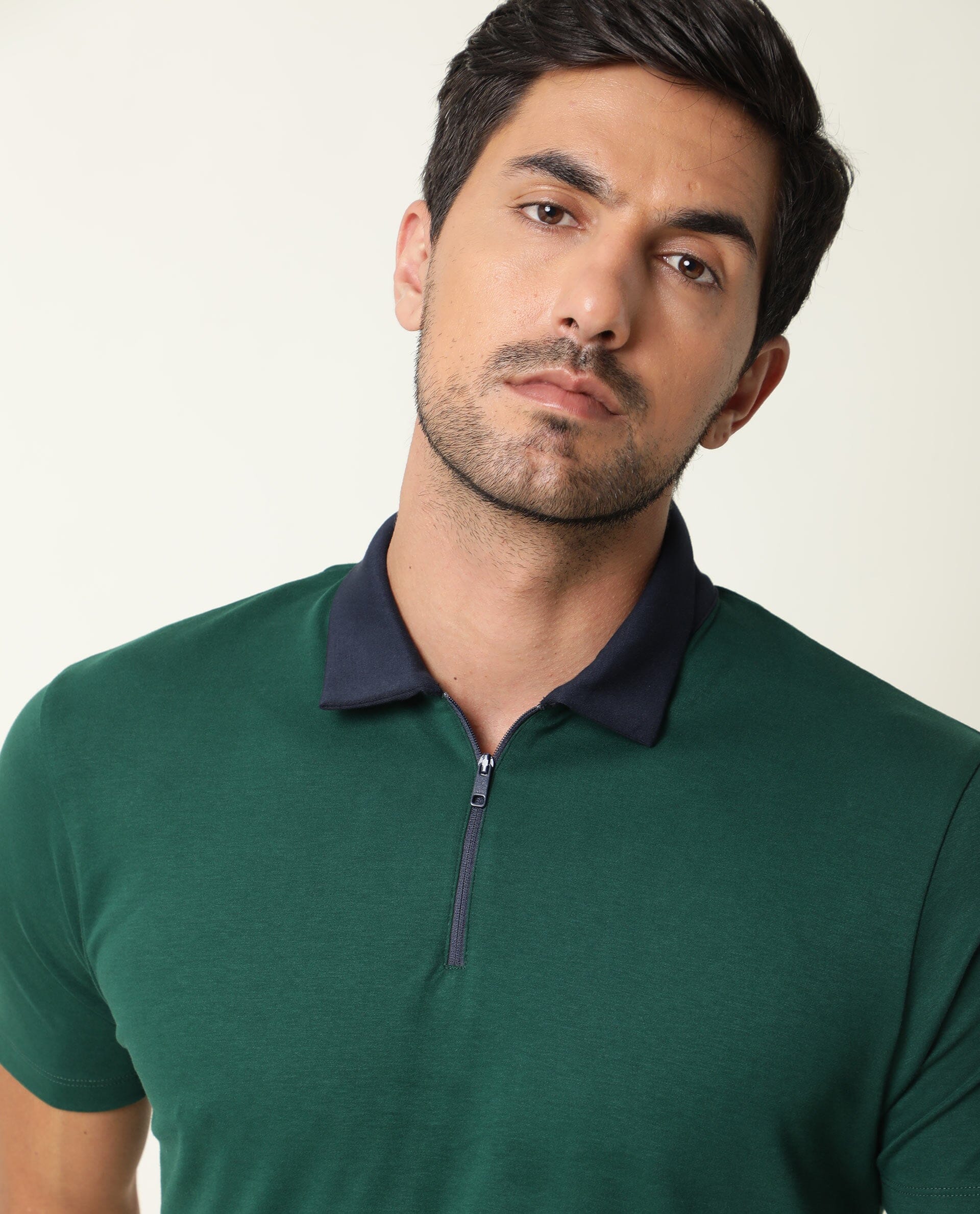 Rare Rabbit Men's Cloud Dark Green Cotton Plain Regular Fit Half Sleeve Polo
