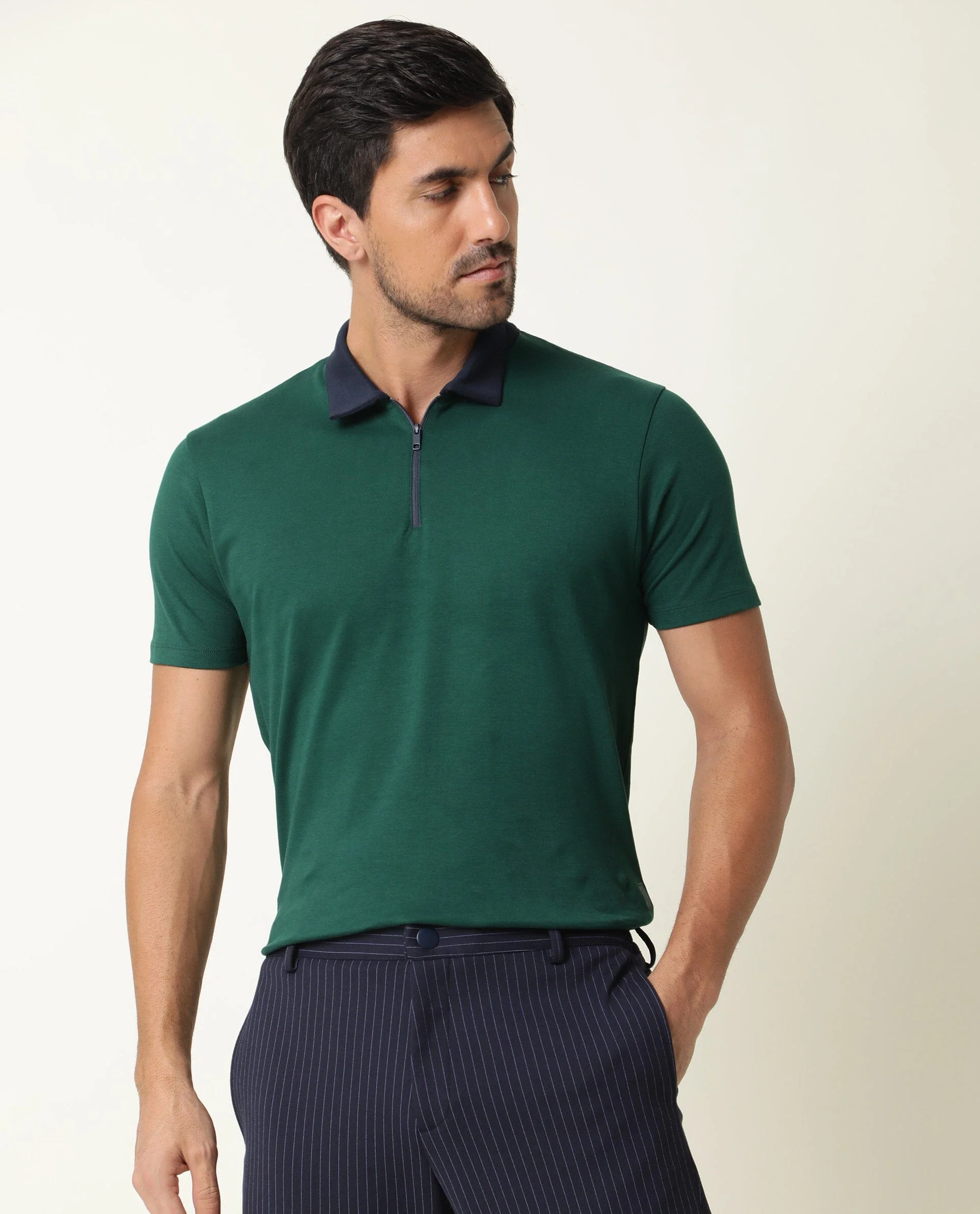 Rare Rabbit Men's Cloud Dark Green Cotton Plain Regular Fit Half Sleeve Polo - Image 2
