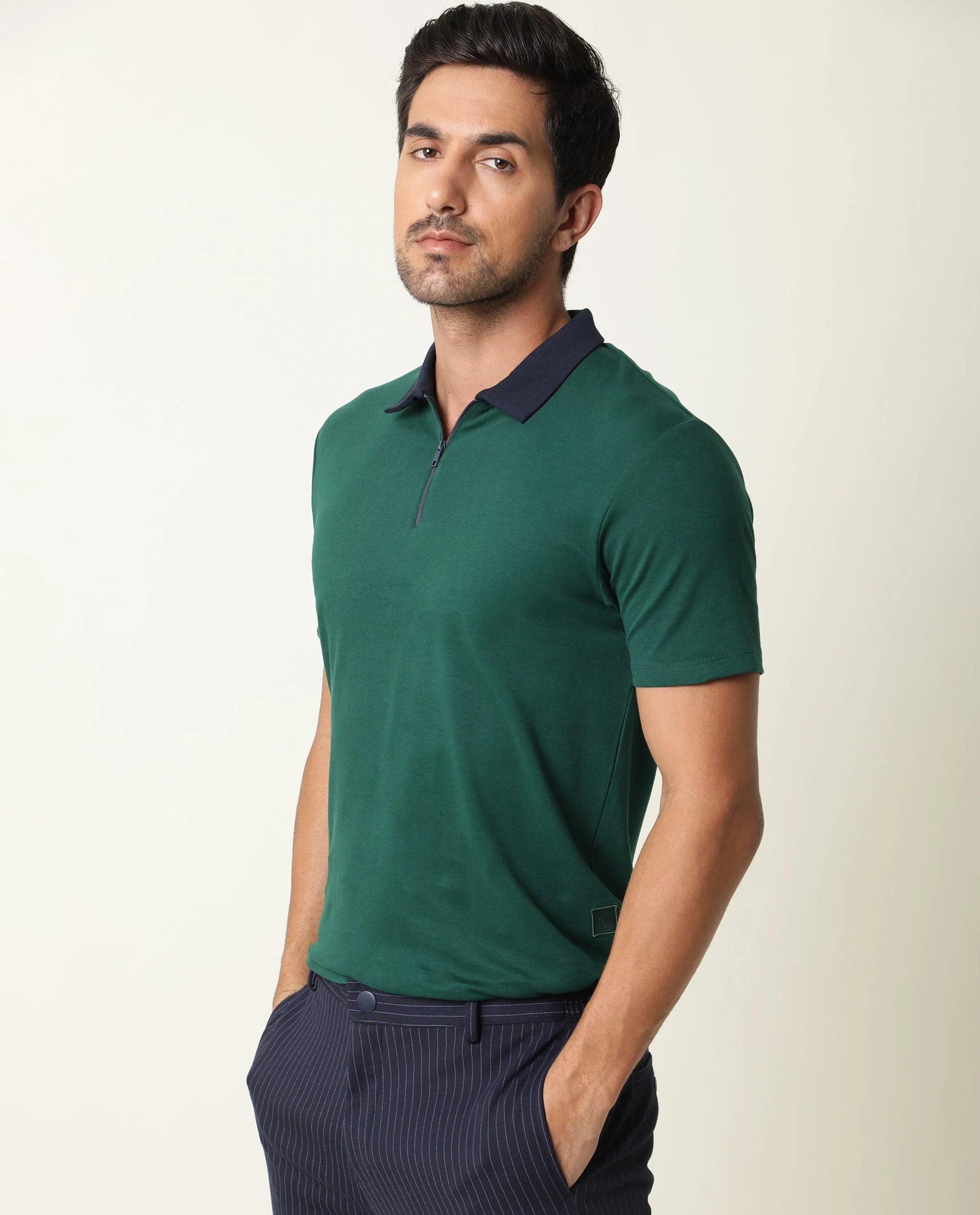 Rare Rabbit Men's Cloud Dark Green Cotton Plain Regular Fit Half Sleeve Polo - Image 3