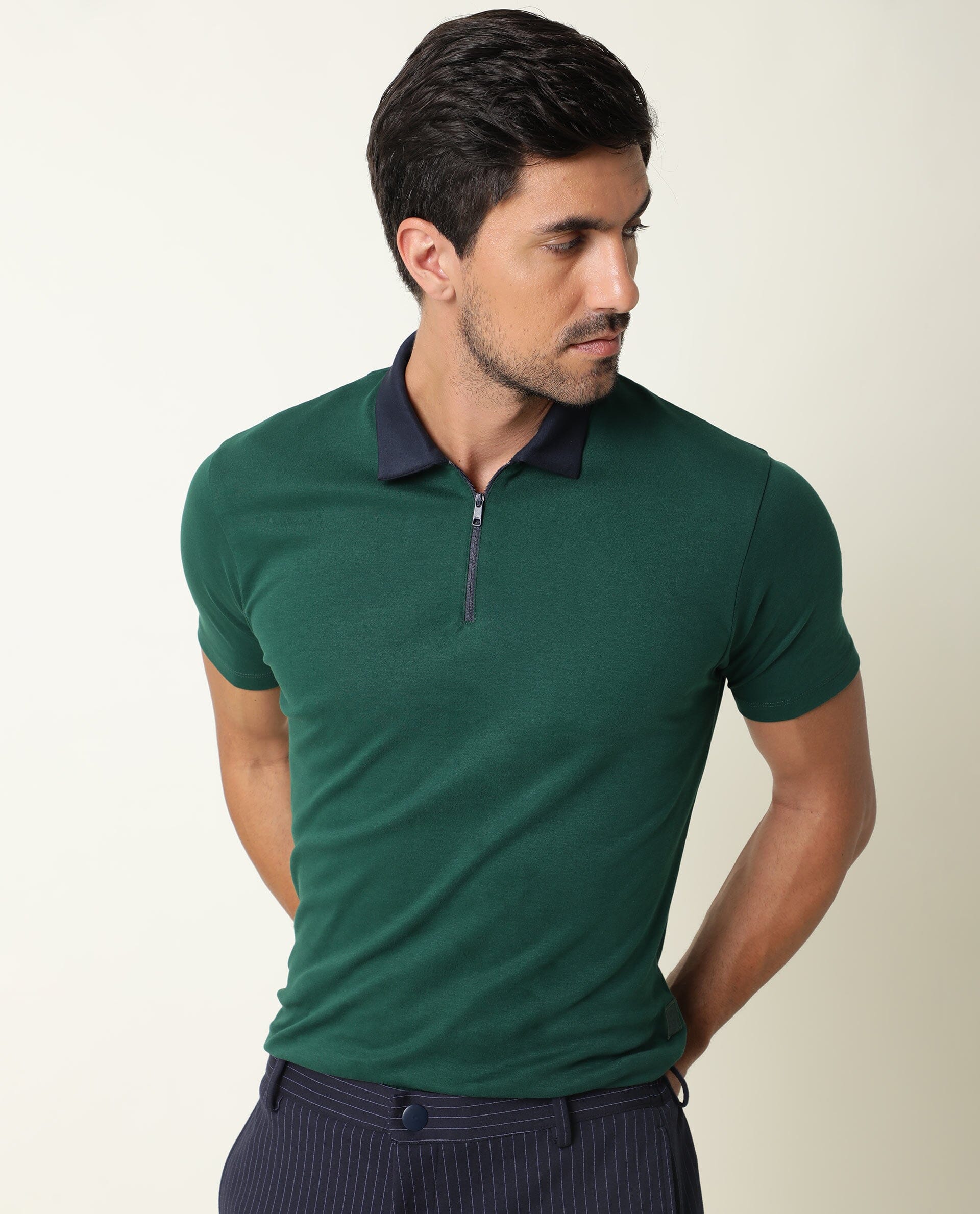 Rare Rabbit Men's Cloud Dark Green Cotton Plain Regular Fit Half Sleeve Polo - Image 5