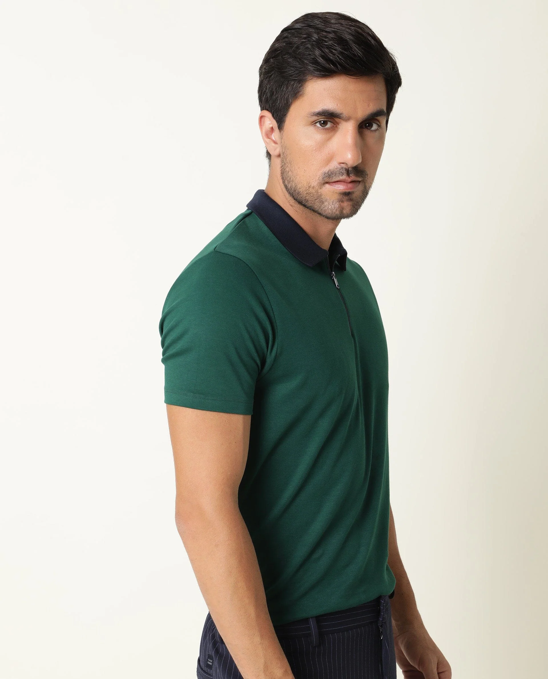 Rare Rabbit Men's Cloud Dark Green Cotton Plain Regular Fit Half Sleeve Polo - Image 6