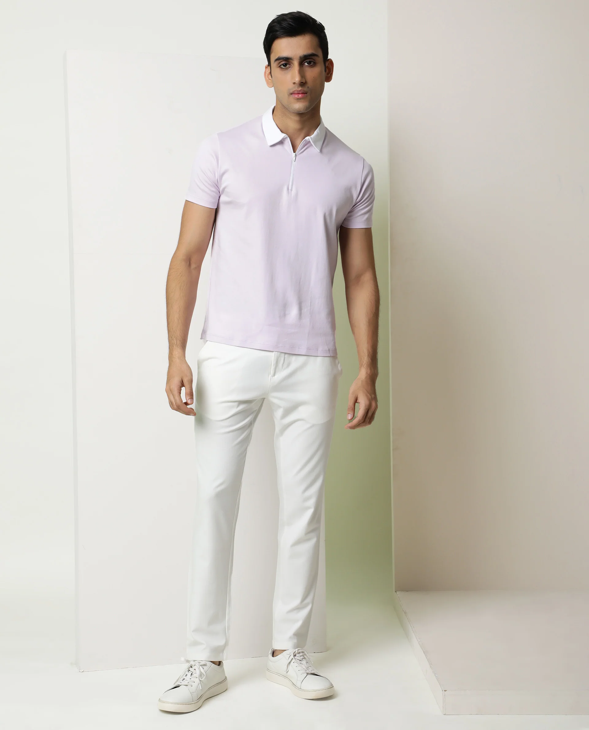 Rare Rabbit Men's Cloud Pastel Purple Cotton Plain Regular Fit Half Sleeve Polo - Image 3