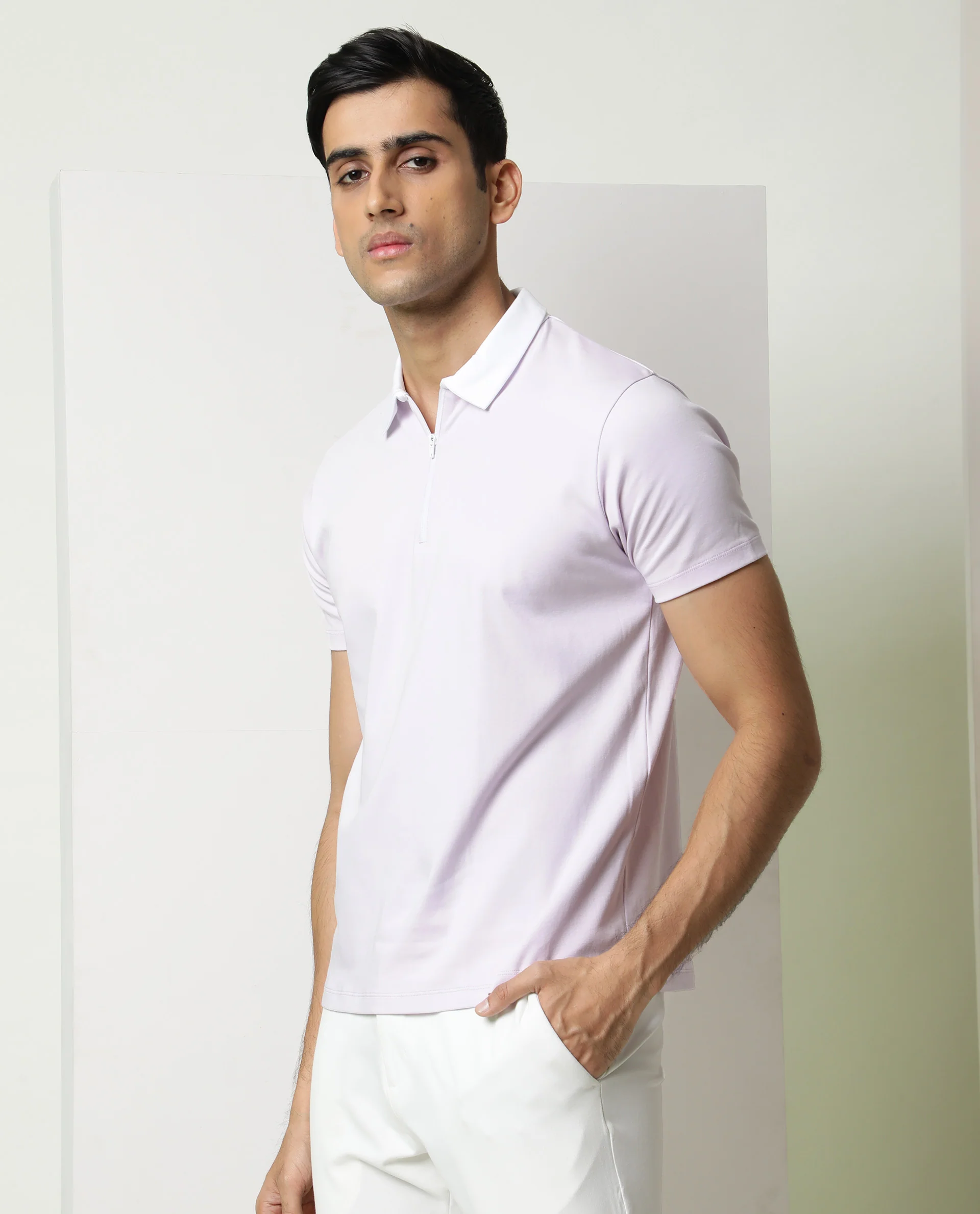 Rare Rabbit Men's Cloud Pastel Purple Cotton Plain Regular Fit Half Sleeve Polo - Image 4
