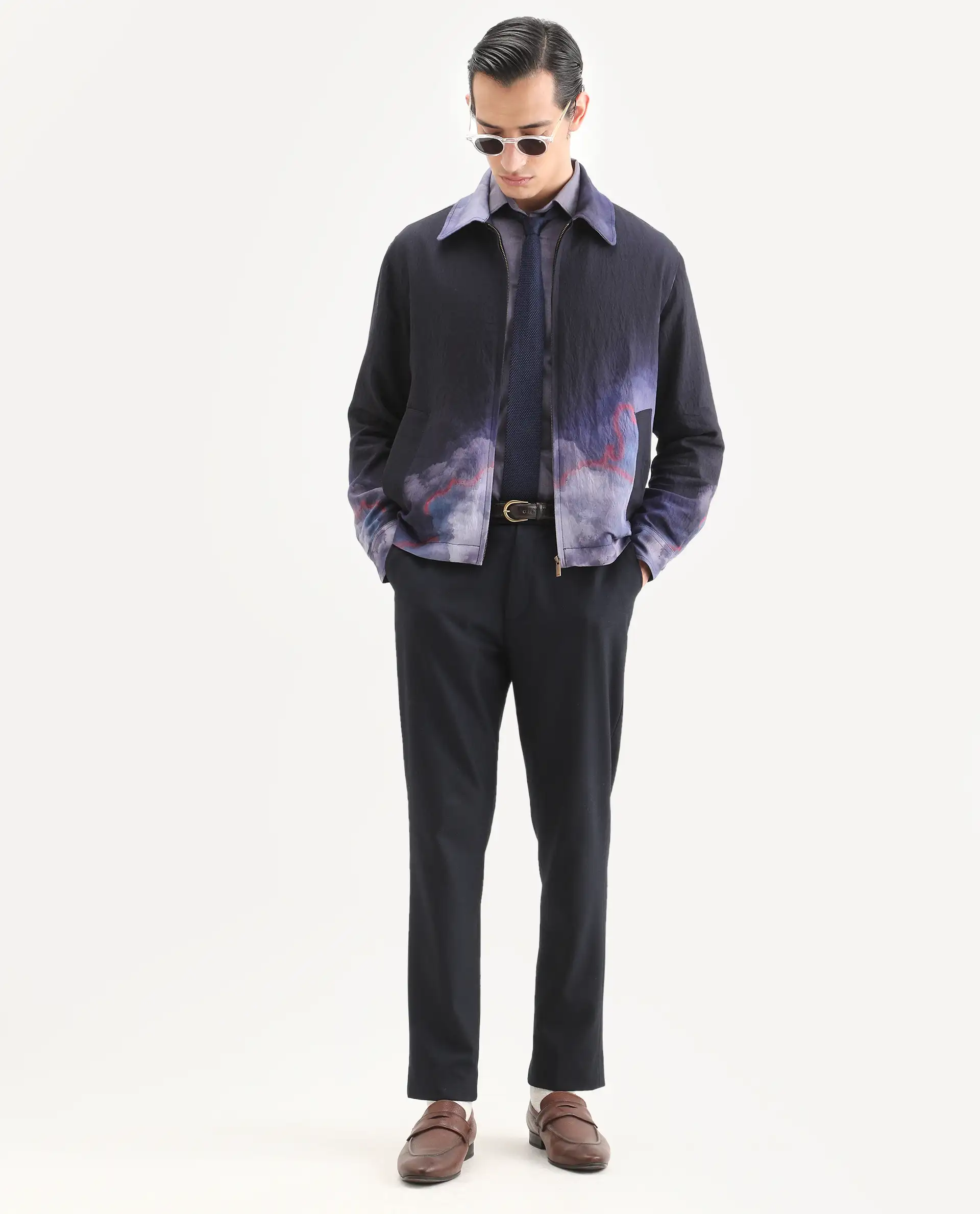 Rare Rabbit Men's Cloudy Navy Viscose Blend Fabric Spread Collar Regular Fit Ombre Print Jacket - Image 2